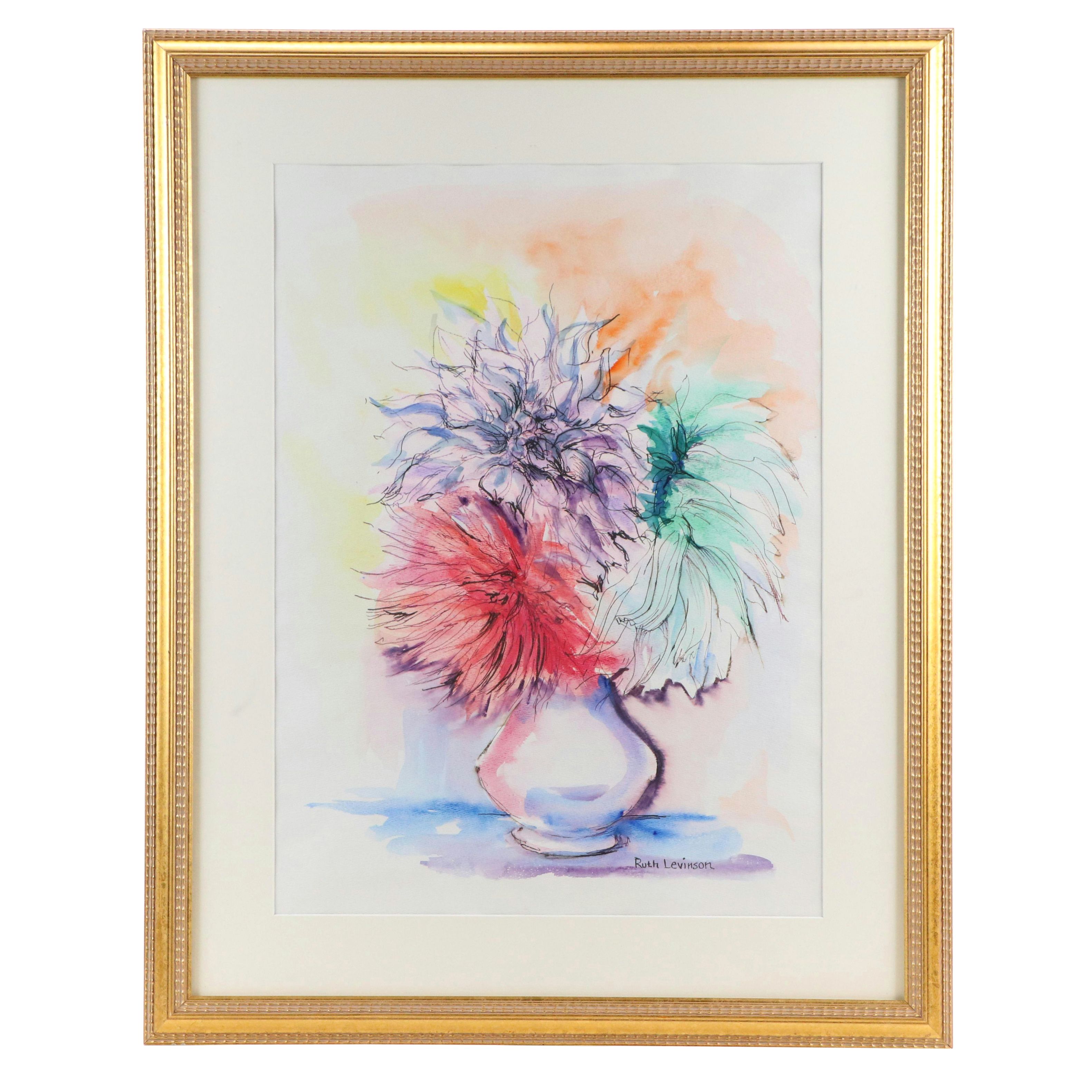 Ruth Levinson Watercolor Painting of Floral Still Life, Late 20th Century