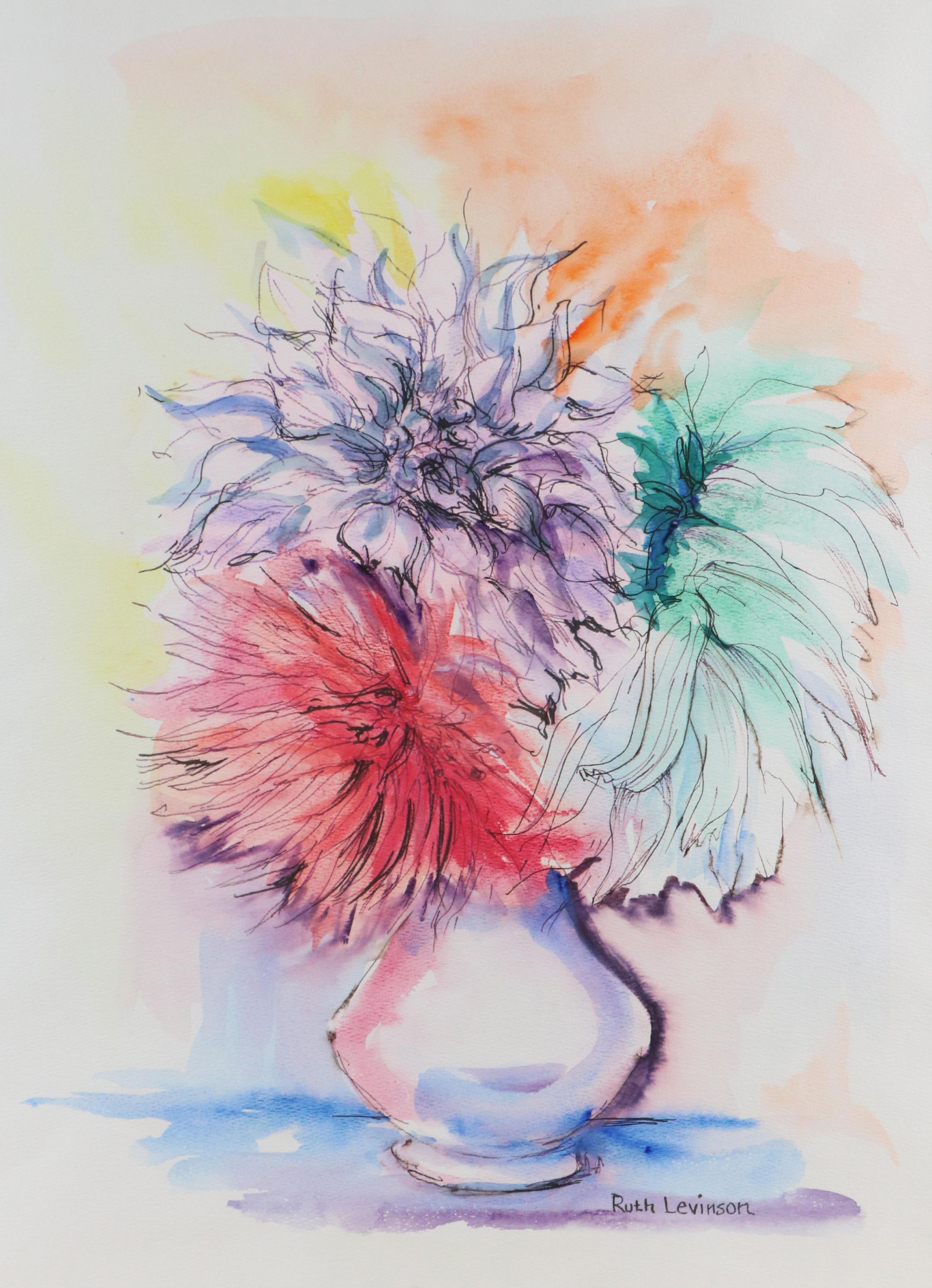 Ruth Levinson Watercolor Painting of Floral Still Life, Late 20th Century