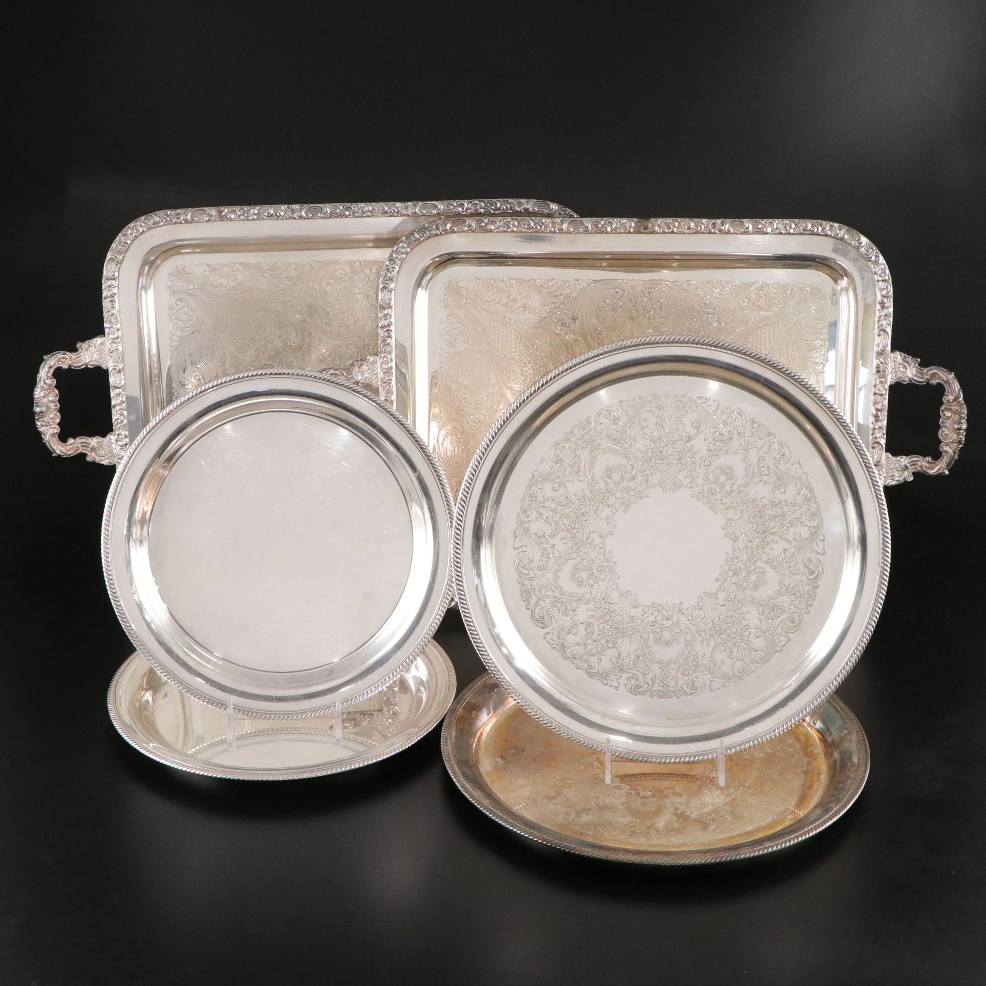 Six Silver Plate Serving Trays, Mid to Late 20th Century