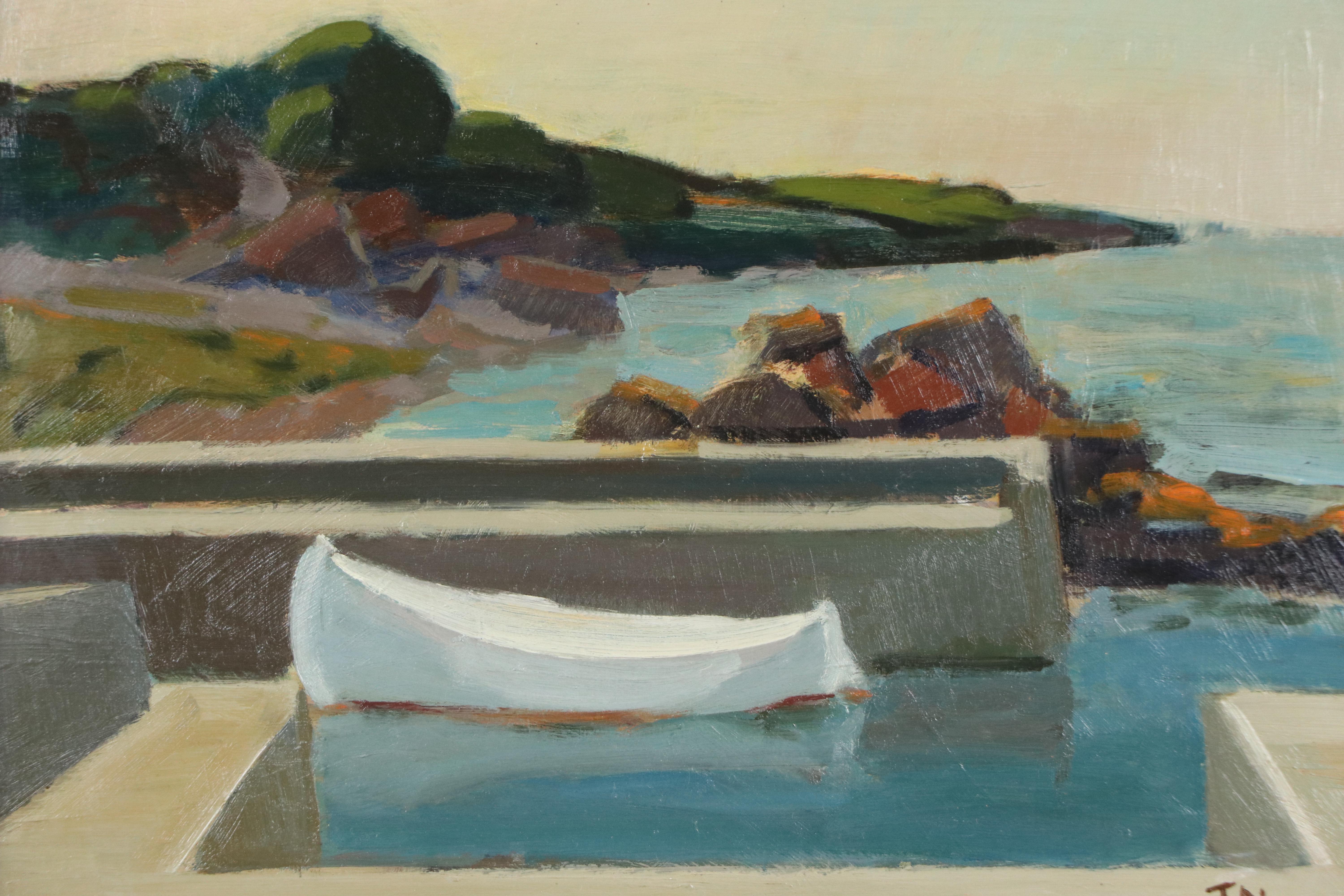 Tage Evald Nilsson Oil Painting of Docked Canoe, Mid-20th Century