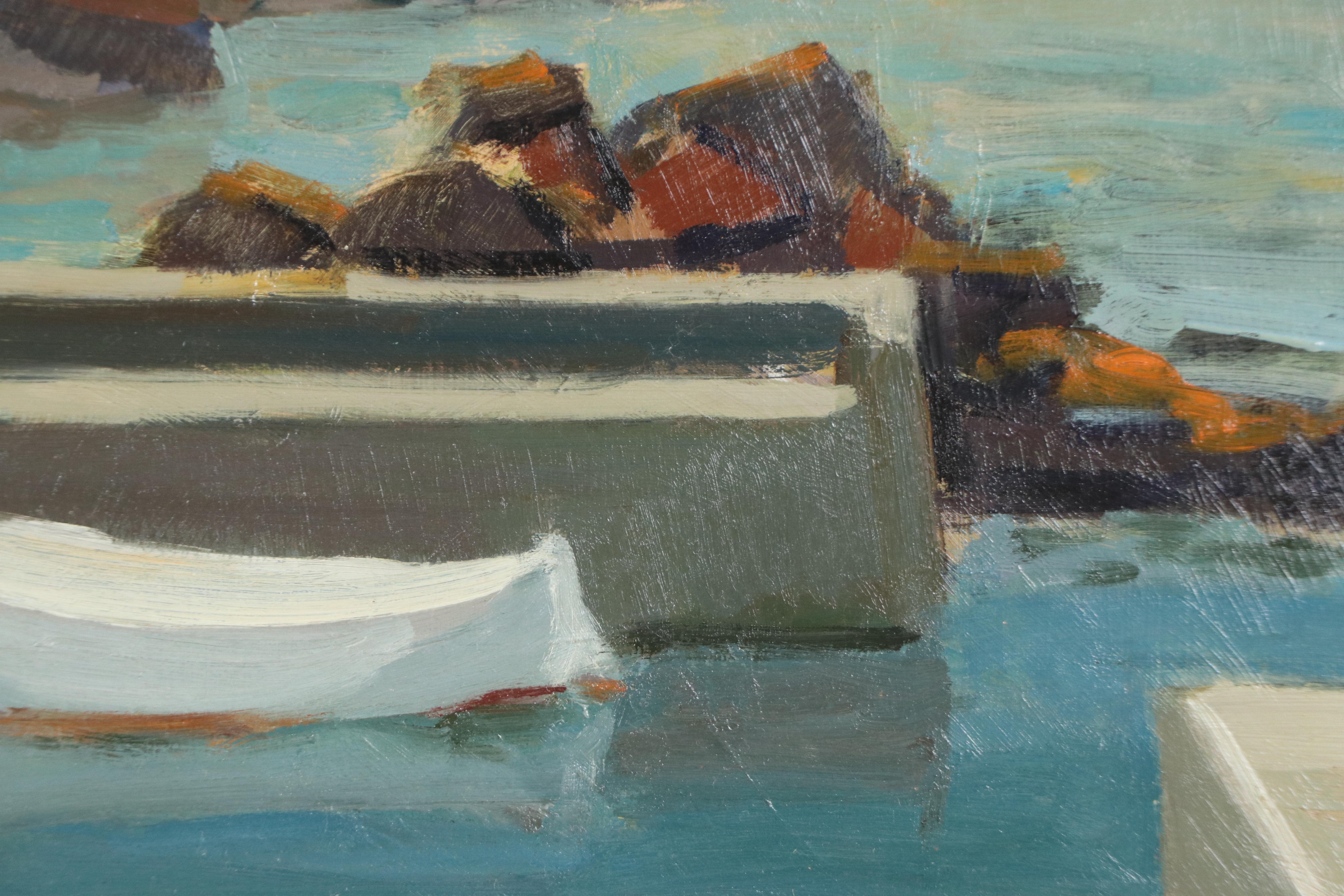 Tage Evald Nilsson Oil Painting of Docked Canoe, Mid-20th Century