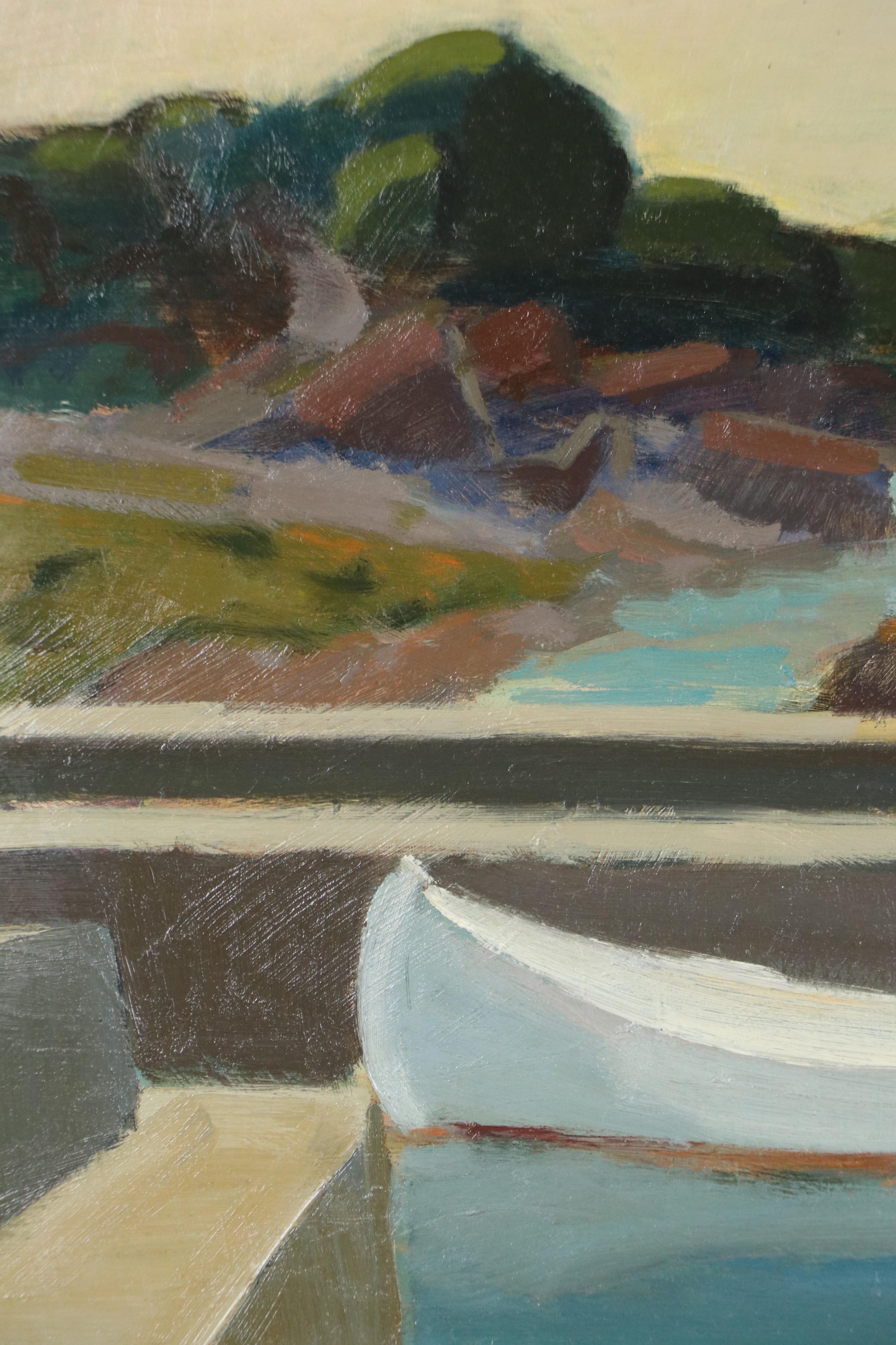 Tage Evald Nilsson Oil Painting of Docked Canoe, Mid-20th Century