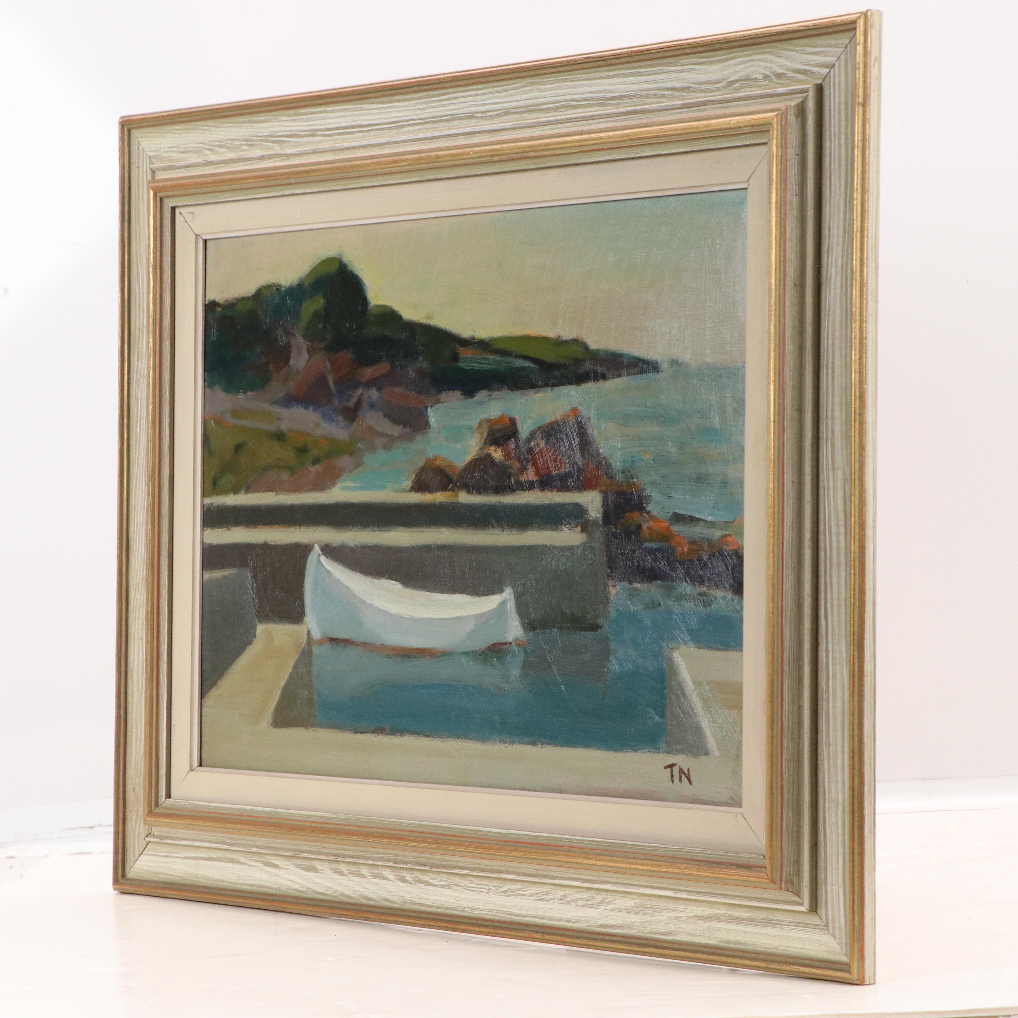 Tage Evald Nilsson Oil Painting of Docked Canoe, Mid-20th Century