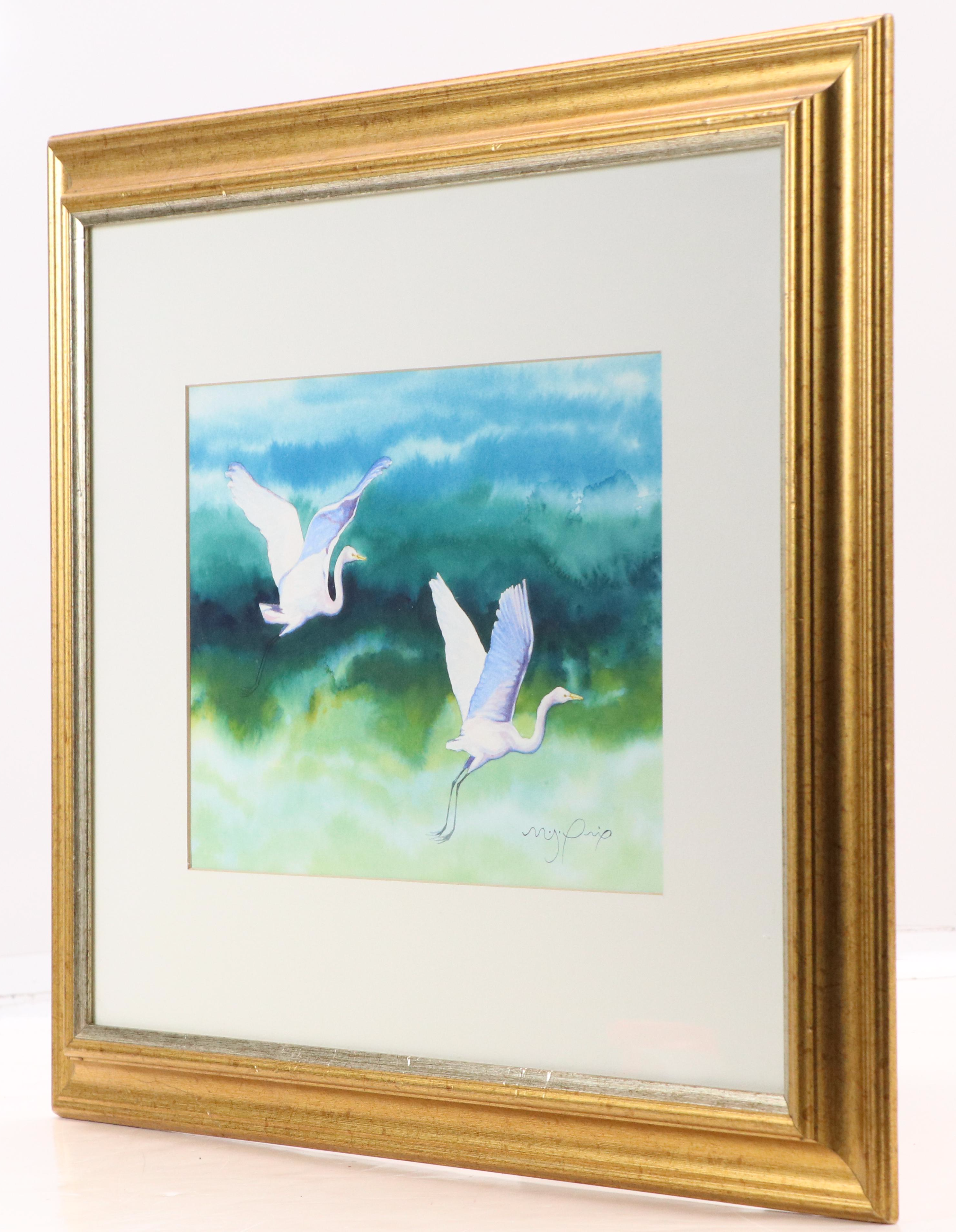Matthew St. Prix Watercolor Painting "Flying Egrets," 21st Century