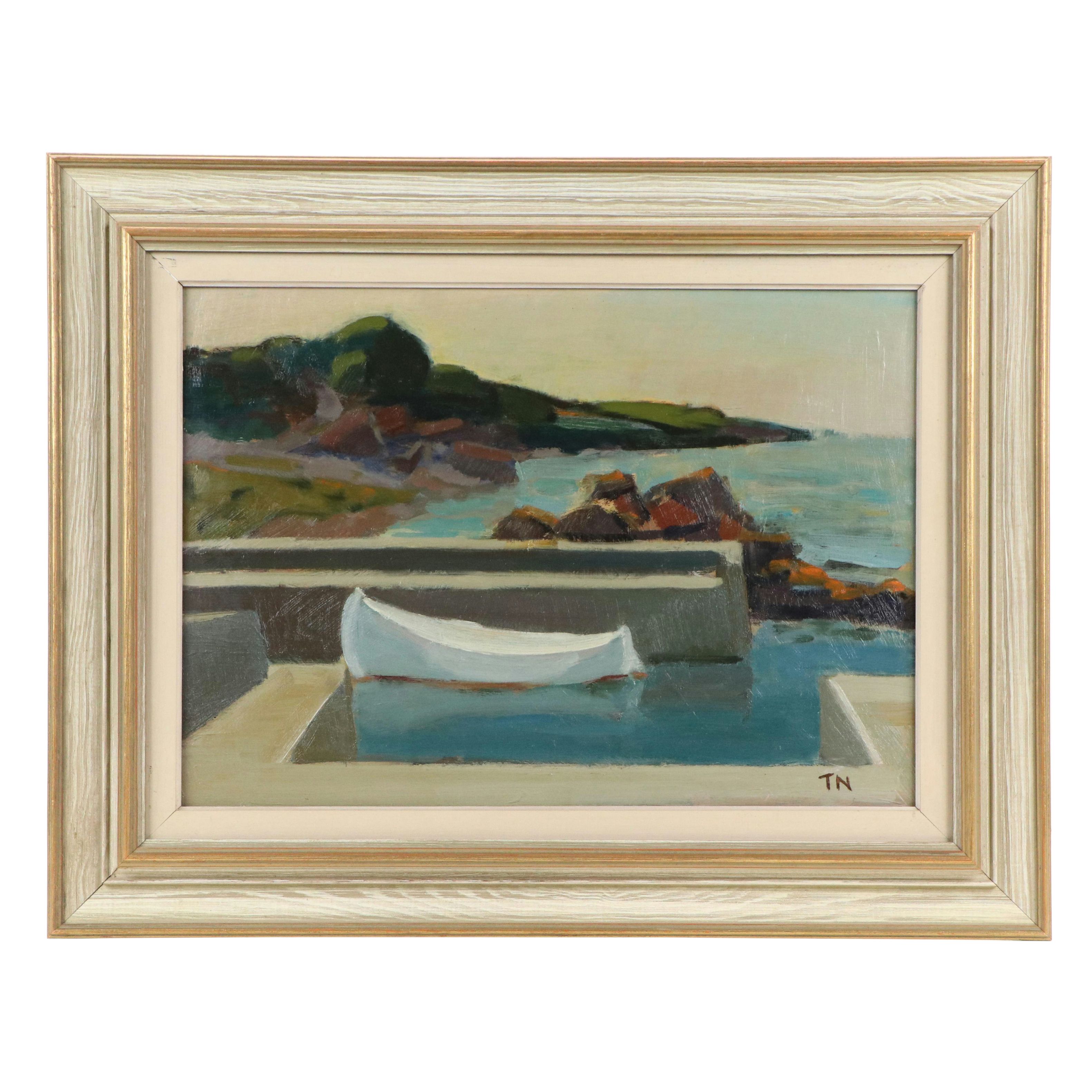 Tage Evald Nilsson Oil Painting of Docked Canoe, Mid-20th Century
