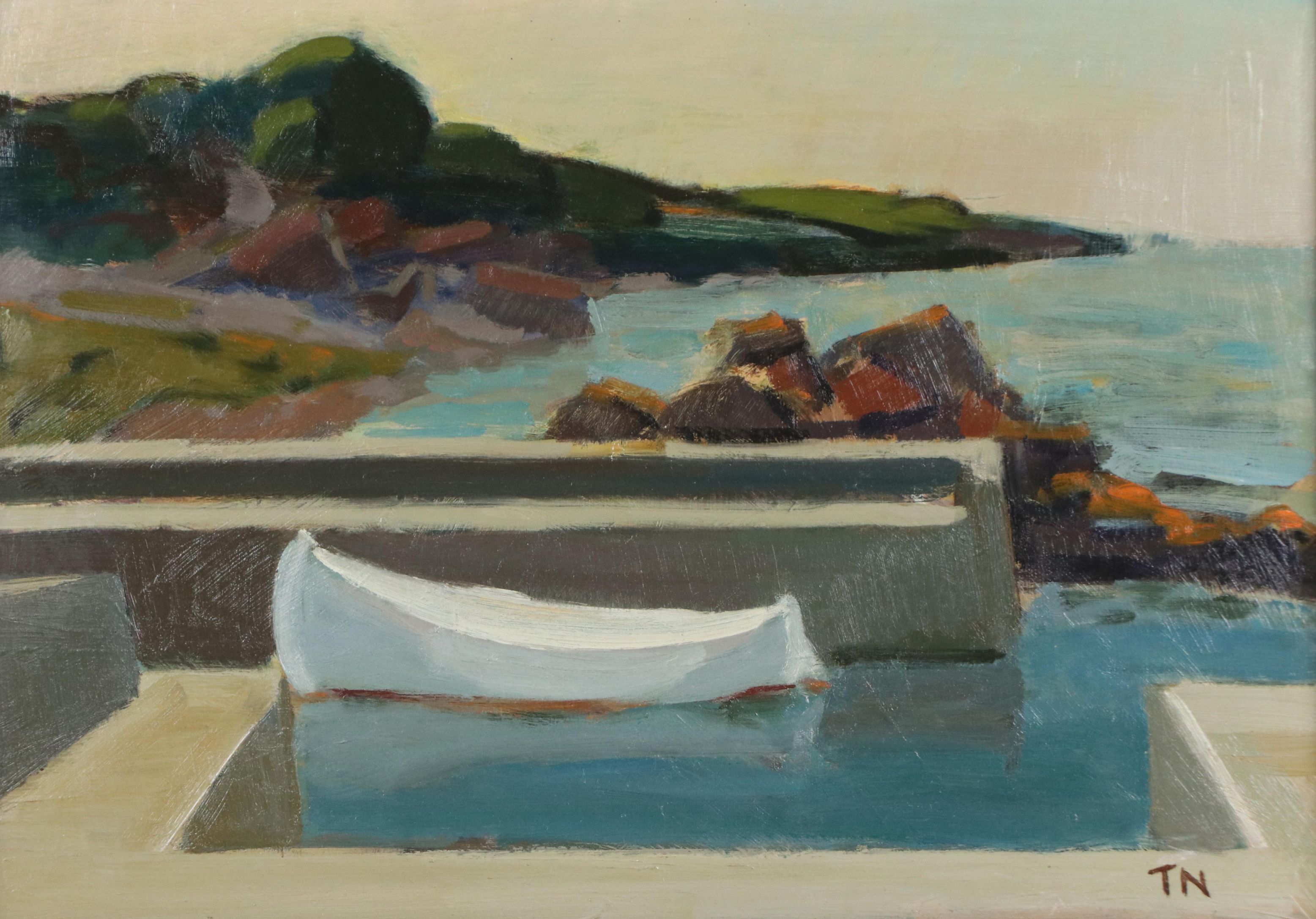 Tage Evald Nilsson Oil Painting of Docked Canoe, Mid-20th Century