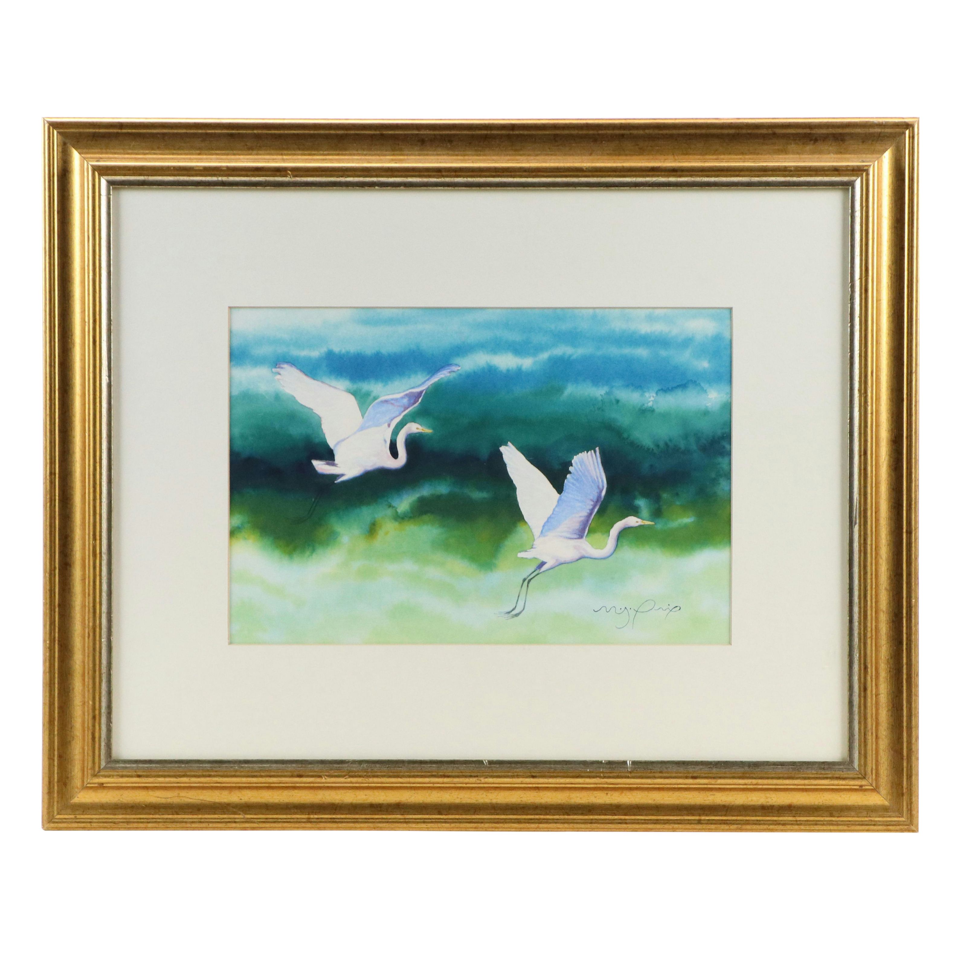 Matthew St. Prix Watercolor Painting "Flying Egrets," 21st Century
