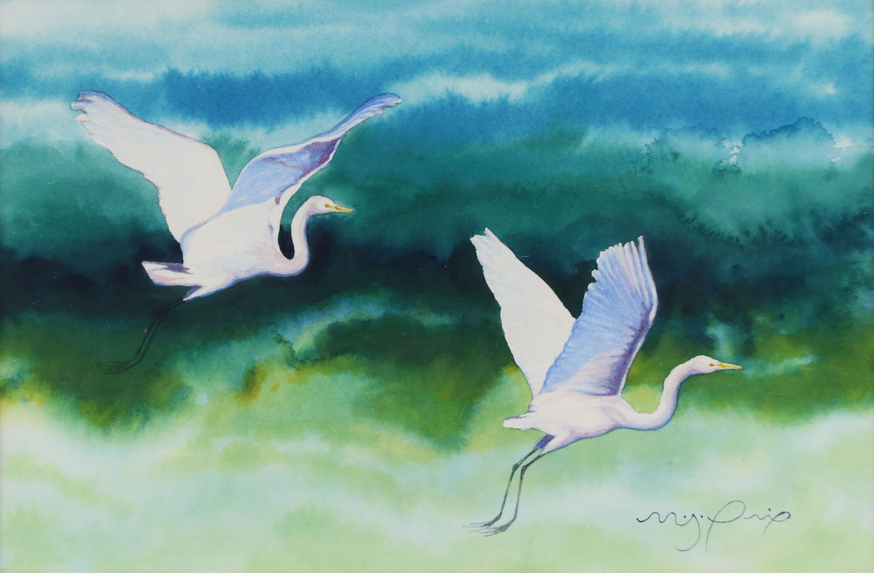 Matthew St. Prix Watercolor Painting "Flying Egrets," 21st Century
