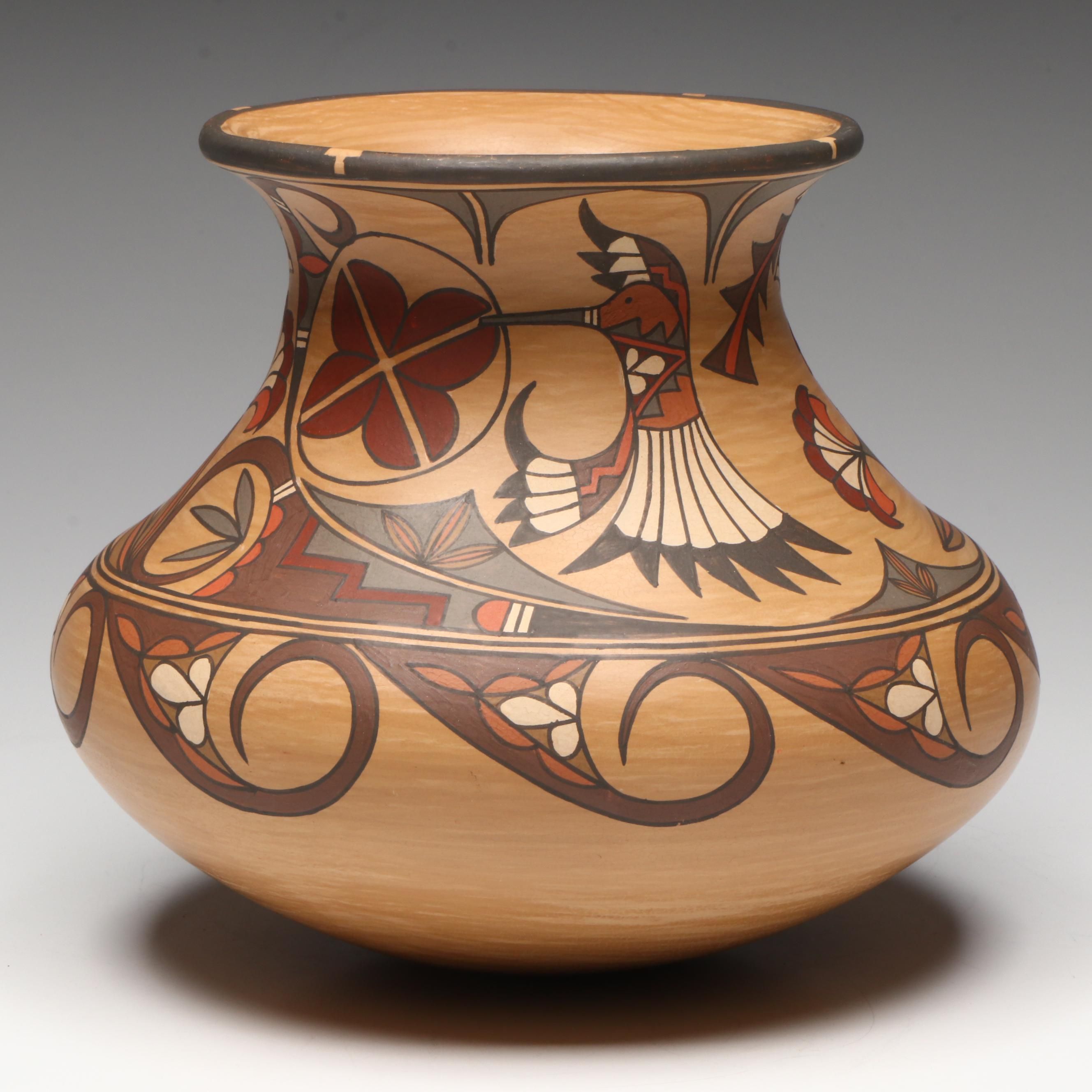 Lois Gutierrez Hummingbird and Floral Polychrome Pueblo Pottery Vase