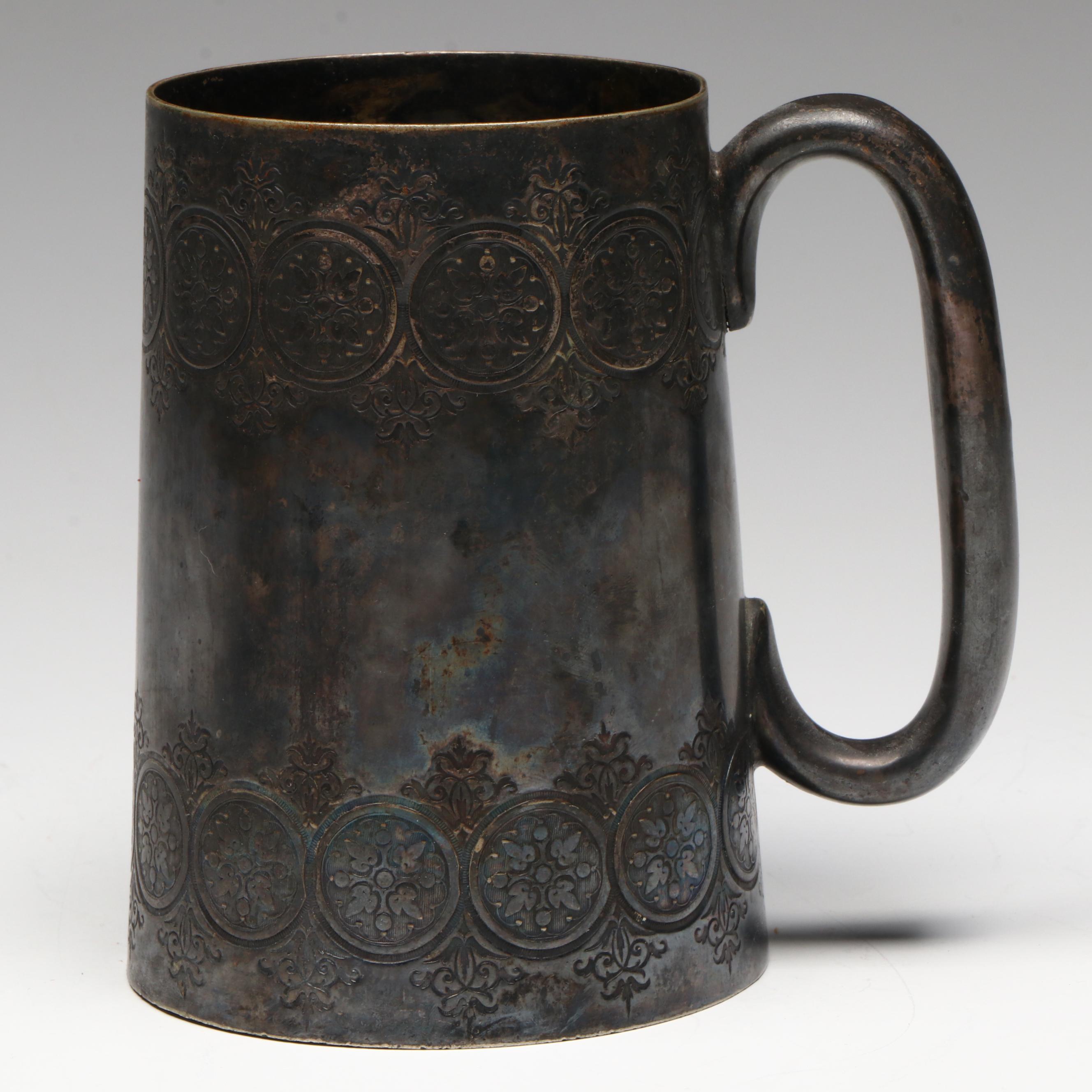 Italian Brass Openwork Bowl with Other Silver Plate Toothpick Cup and Tankard