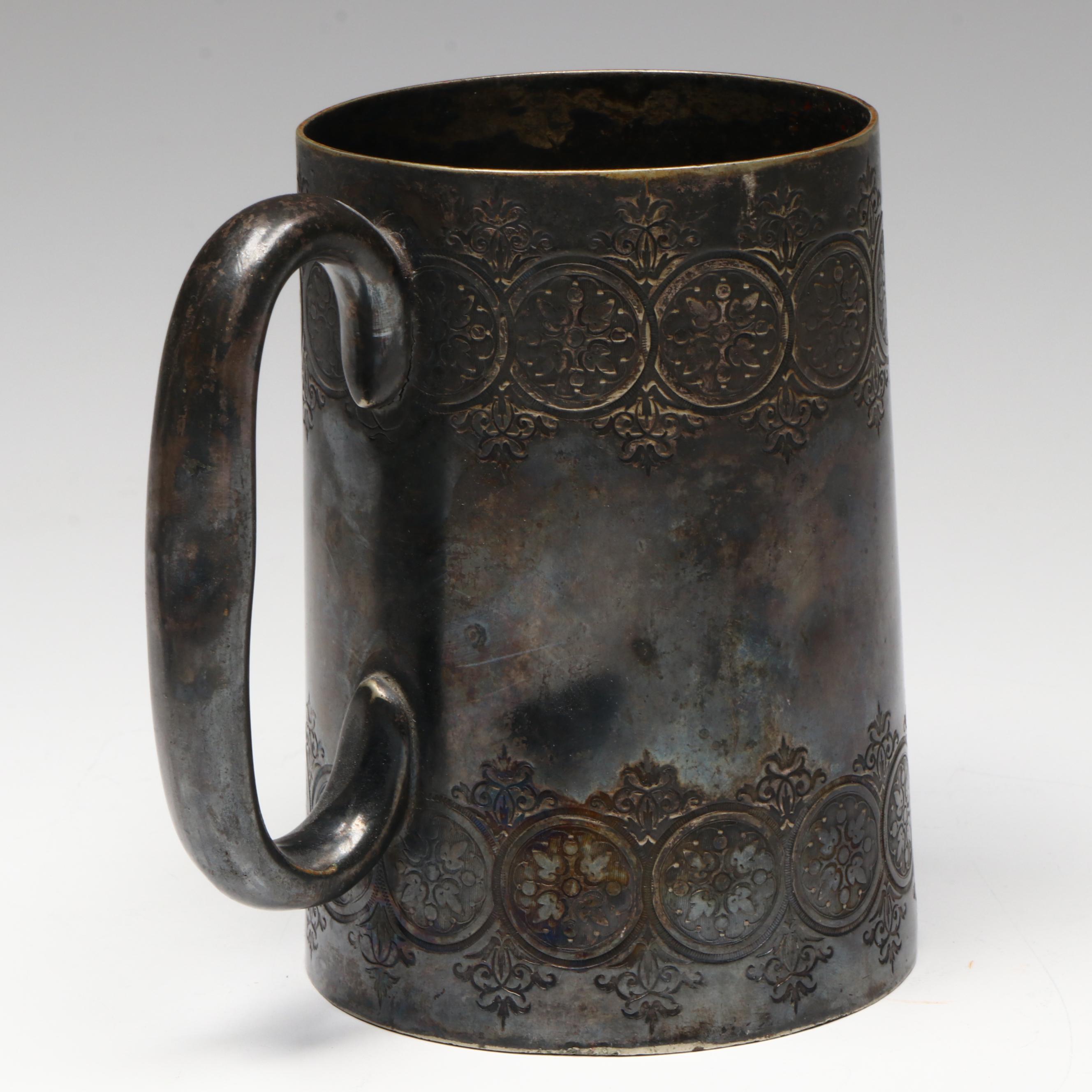 Italian Brass Openwork Bowl with Other Silver Plate Toothpick Cup and Tankard