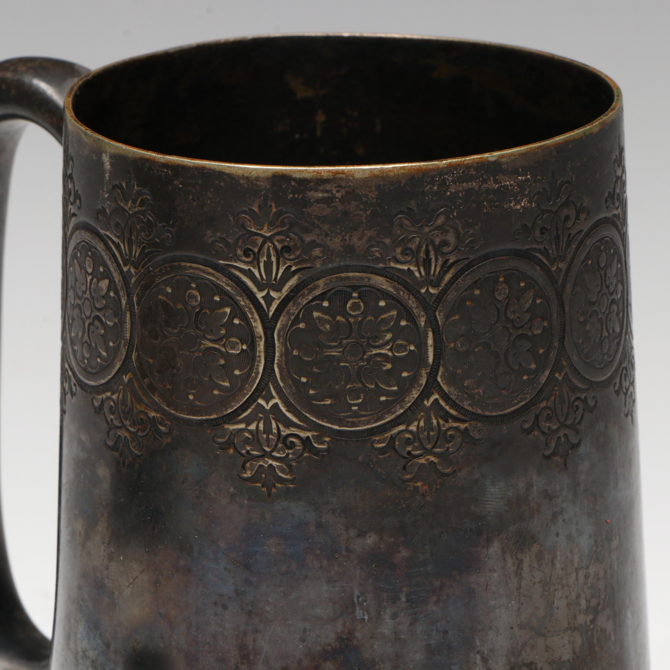 Italian Brass Openwork Bowl with Other Silver Plate Toothpick Cup and Tankard