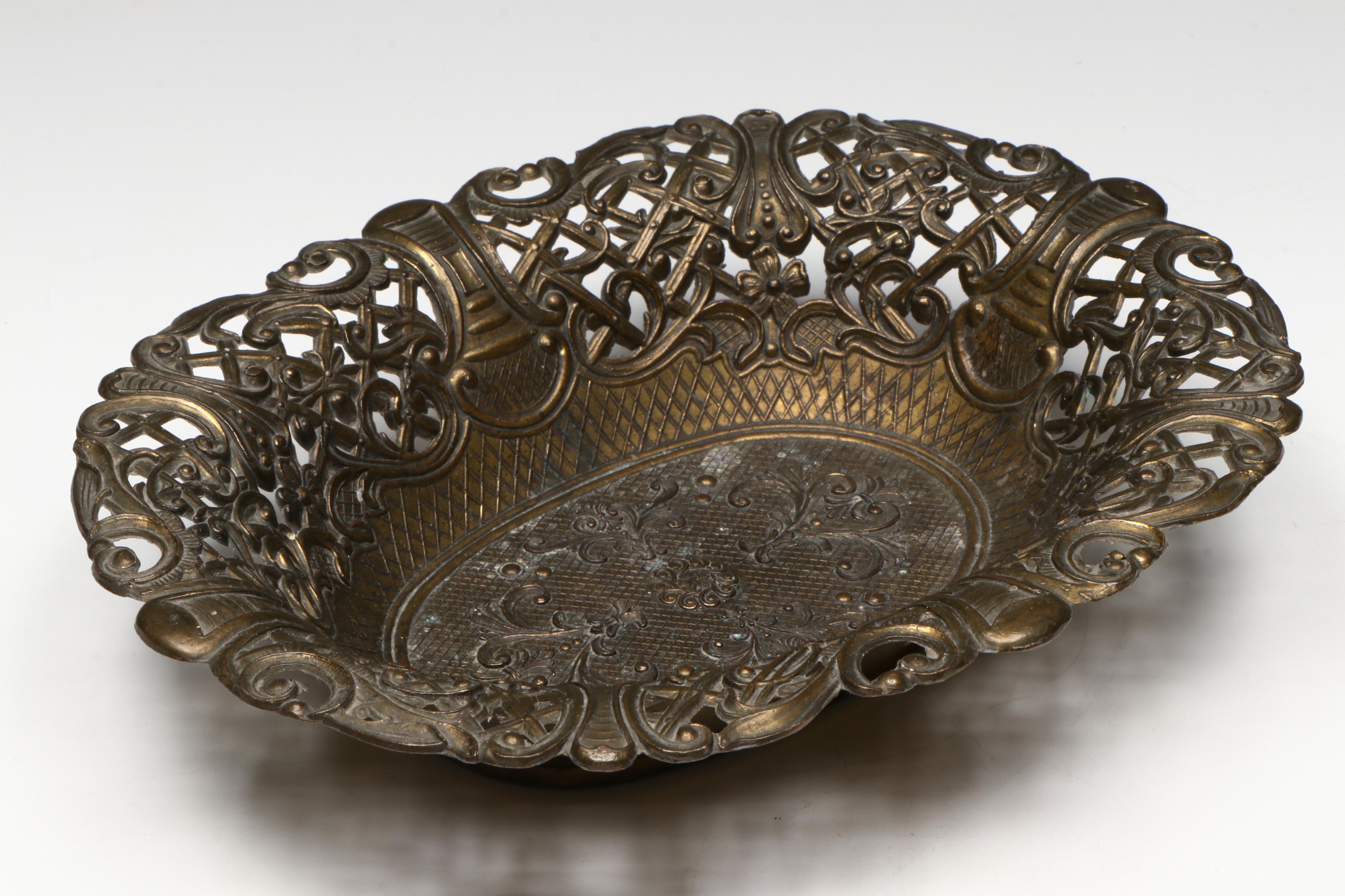 Italian Brass Openwork Bowl with Other Silver Plate Toothpick Cup and Tankard