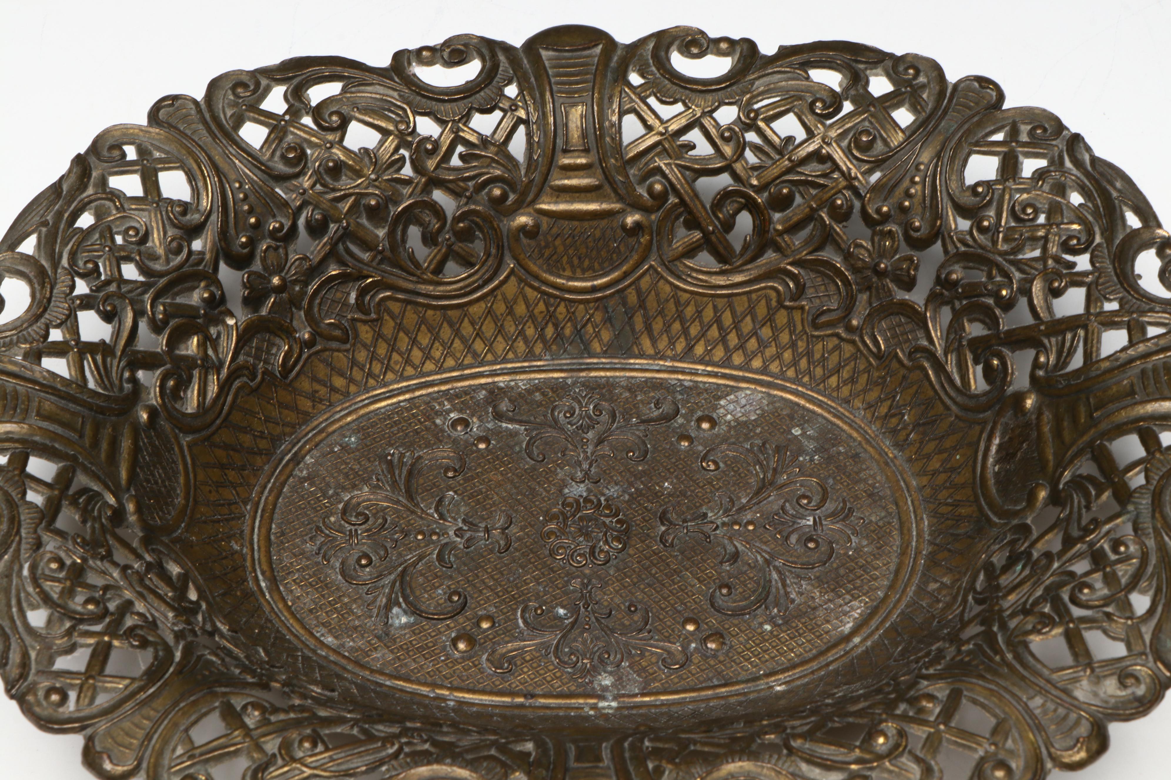 Italian Brass Openwork Bowl with Other Silver Plate Toothpick Cup and Tankard