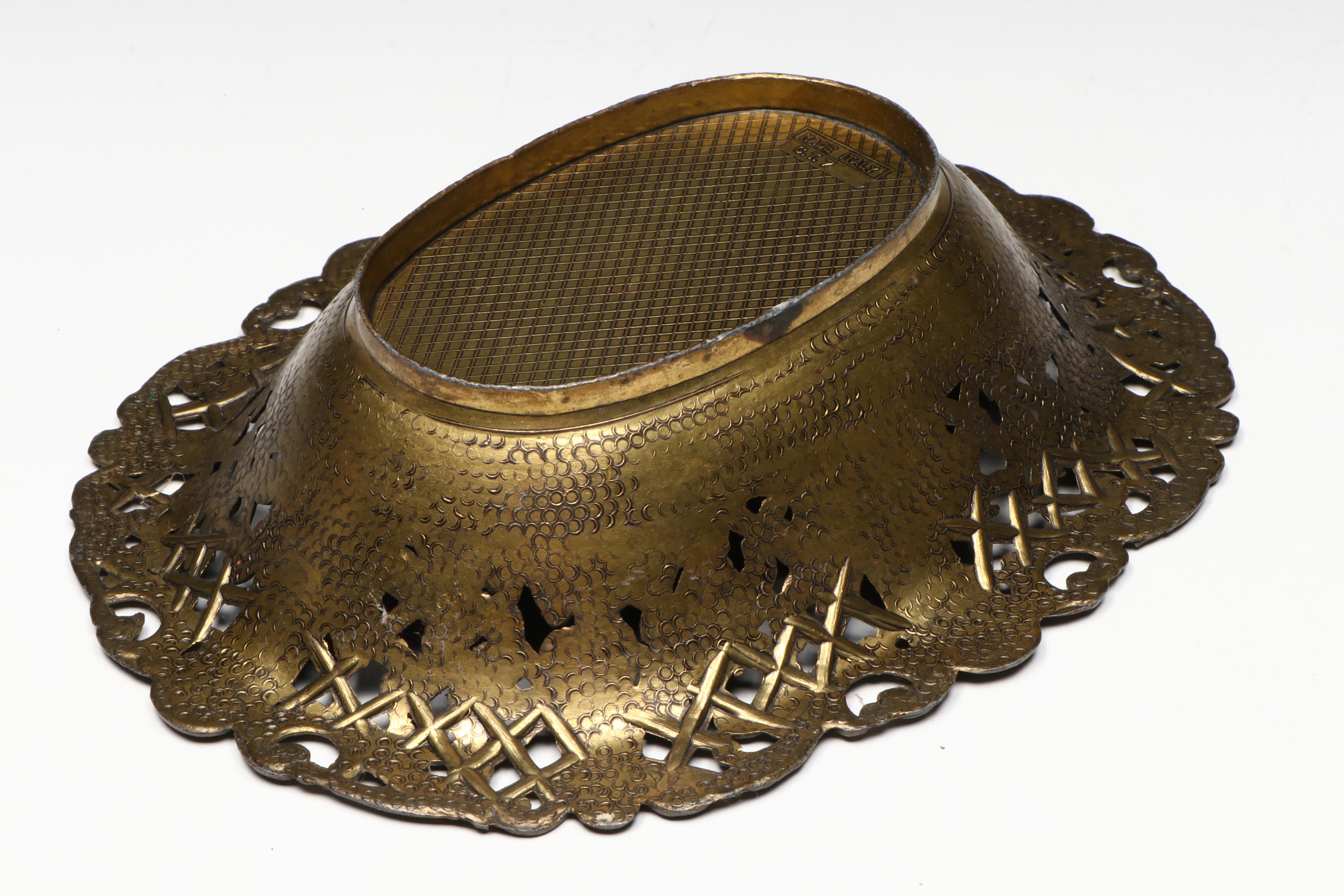 Italian Brass Openwork Bowl with Other Silver Plate Toothpick Cup and Tankard