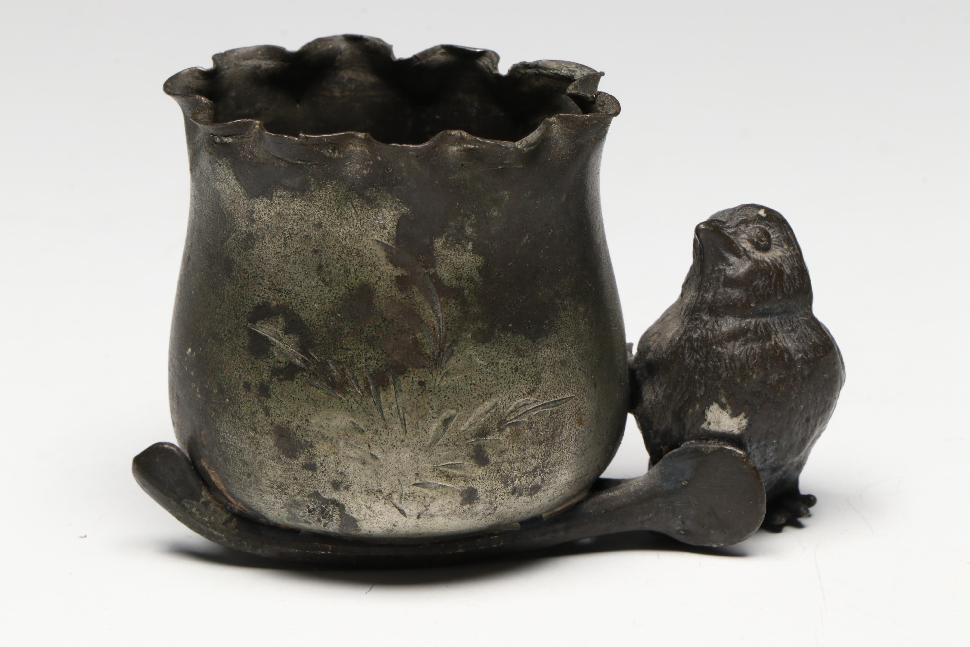 Italian Brass Openwork Bowl with Other Silver Plate Toothpick Cup and Tankard