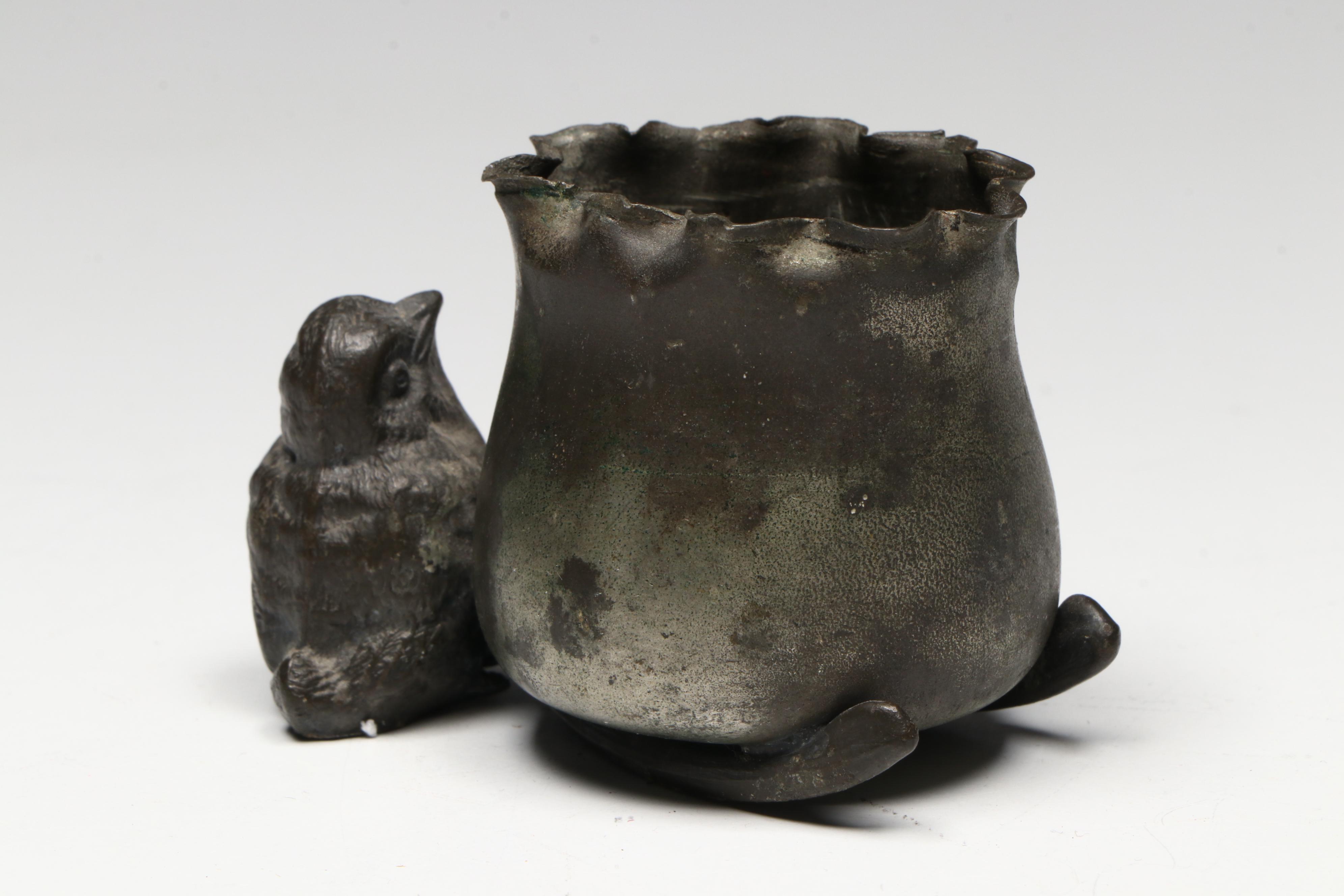 Italian Brass Openwork Bowl with Other Silver Plate Toothpick Cup and Tankard