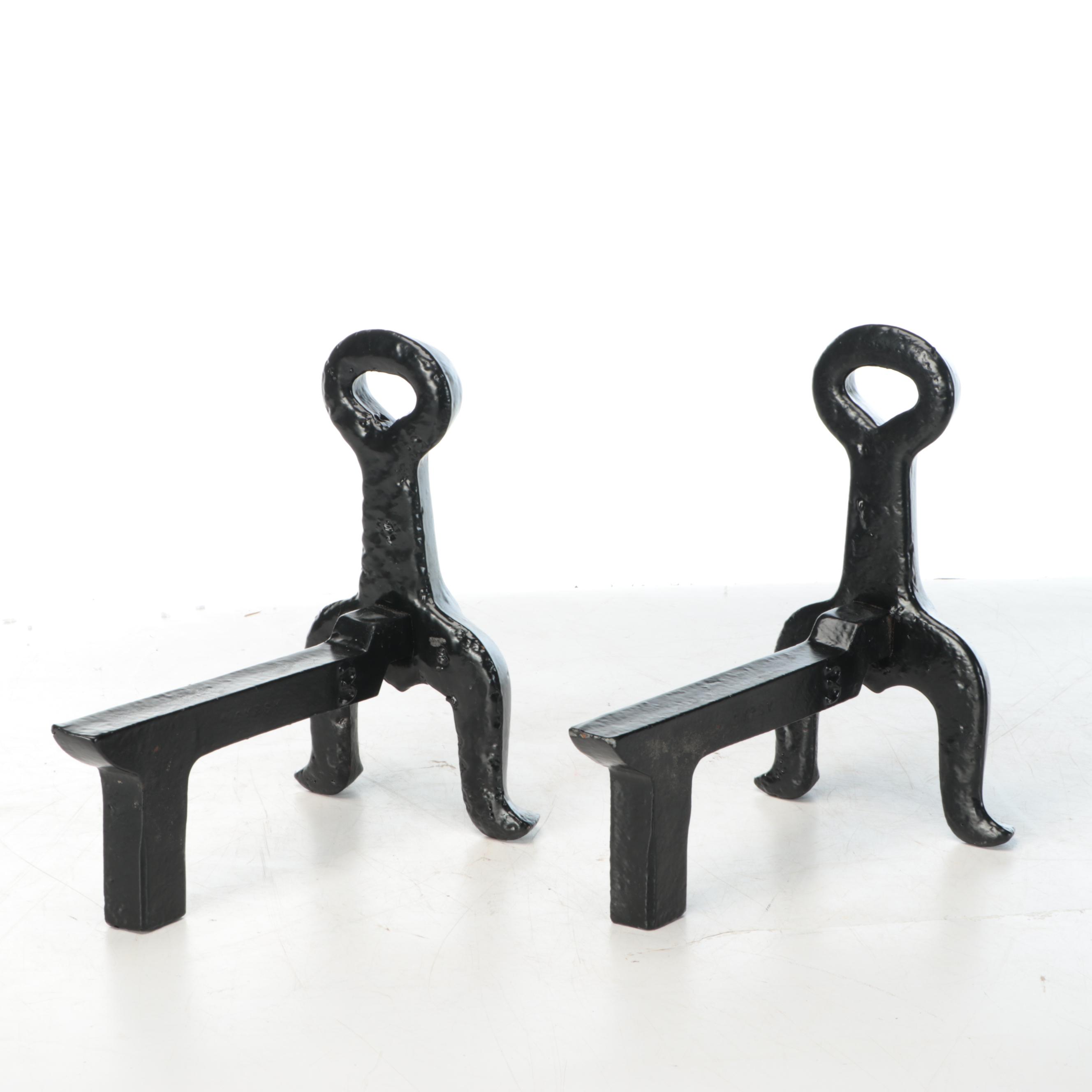 Arts and Crafts Style Painted Cast Iron Andirons, Early to Mid-20th Century