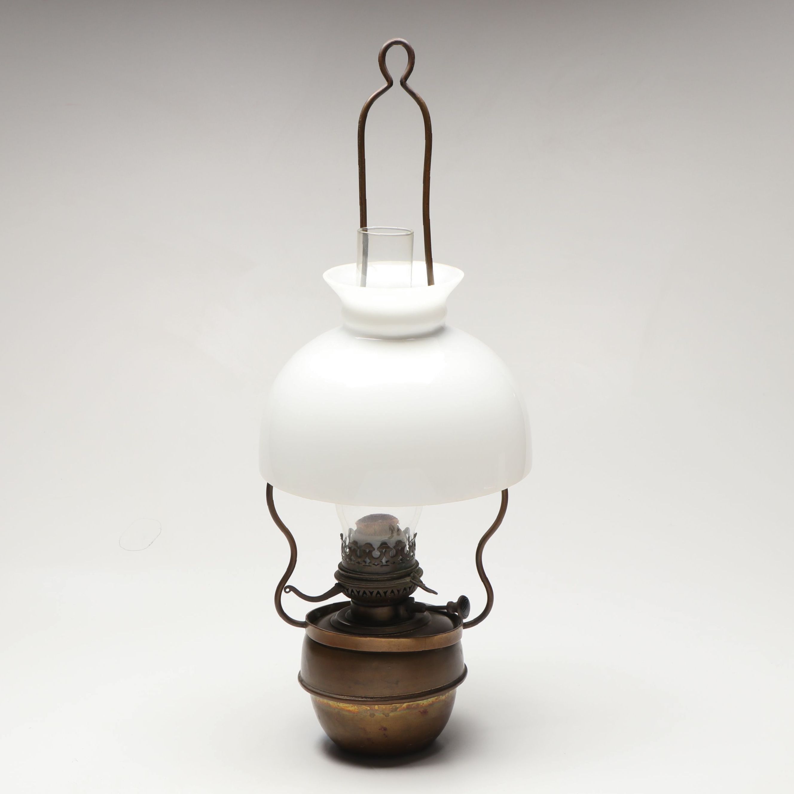 Veritas Brass Hanging Oil Lamp with Milk Glass Shade