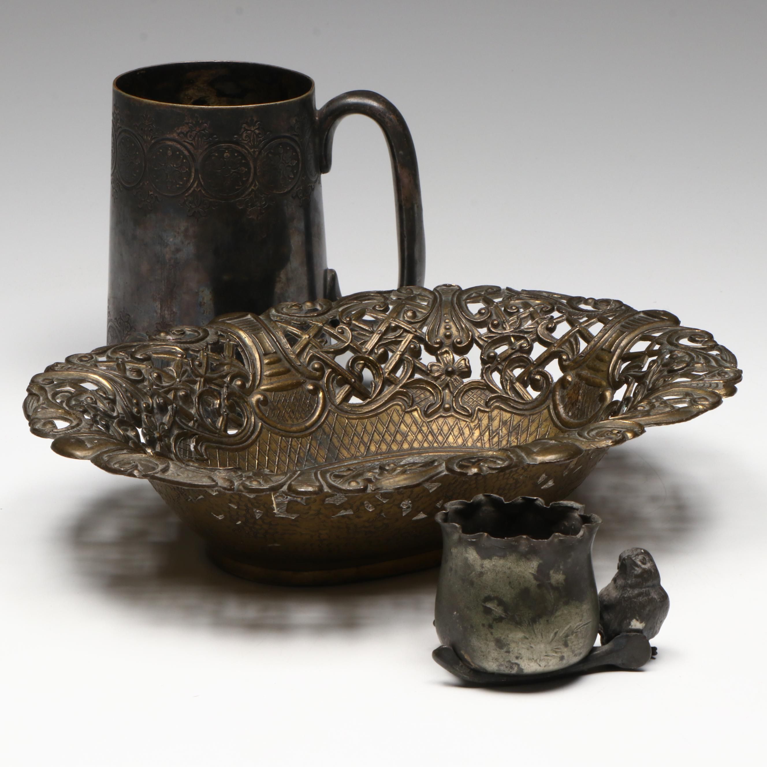 Italian Brass Openwork Bowl with Other Silver Plate Toothpick Cup and Tankard