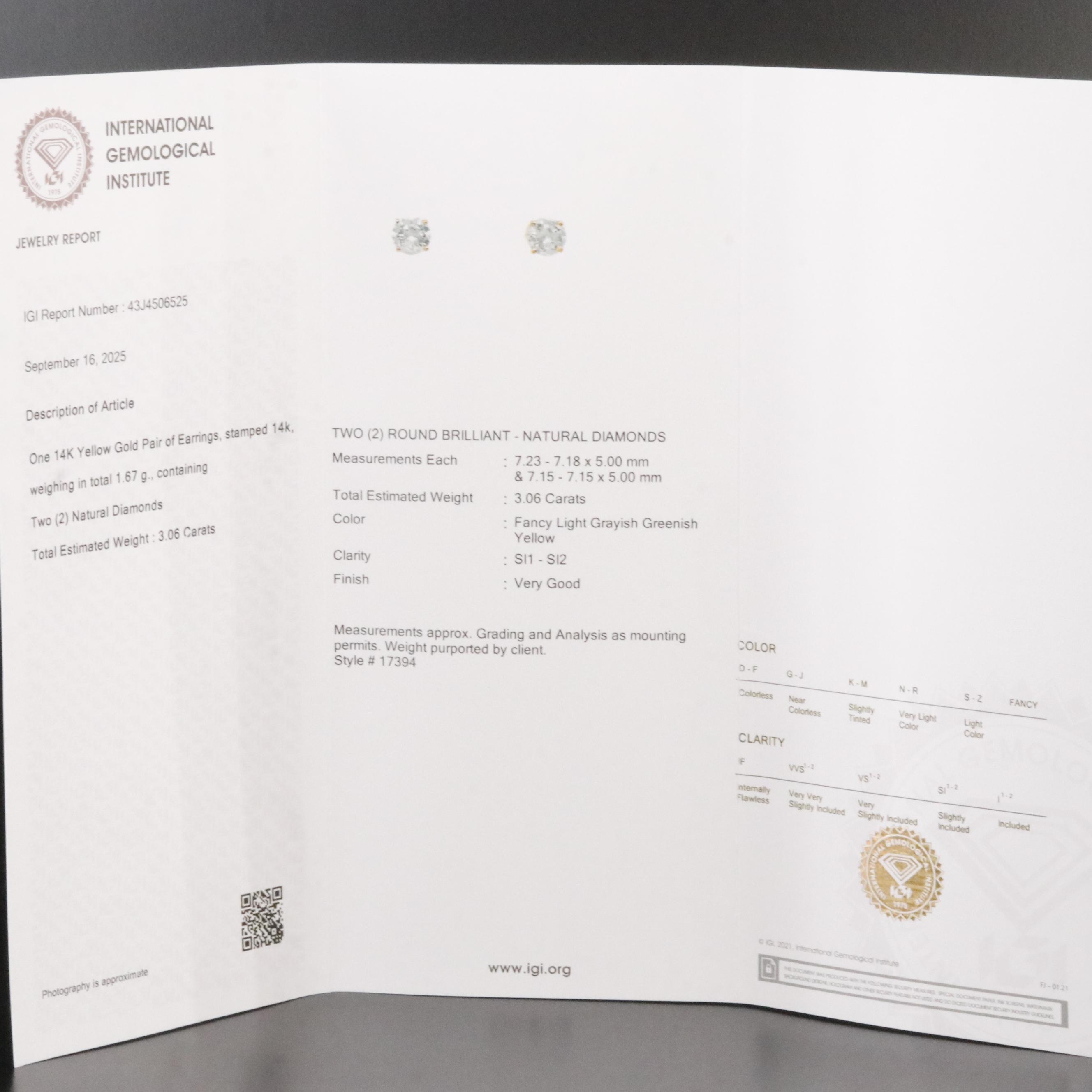 14K 3.06 CTW Diamond Solitaire Earrings with IGI Jewelry Report