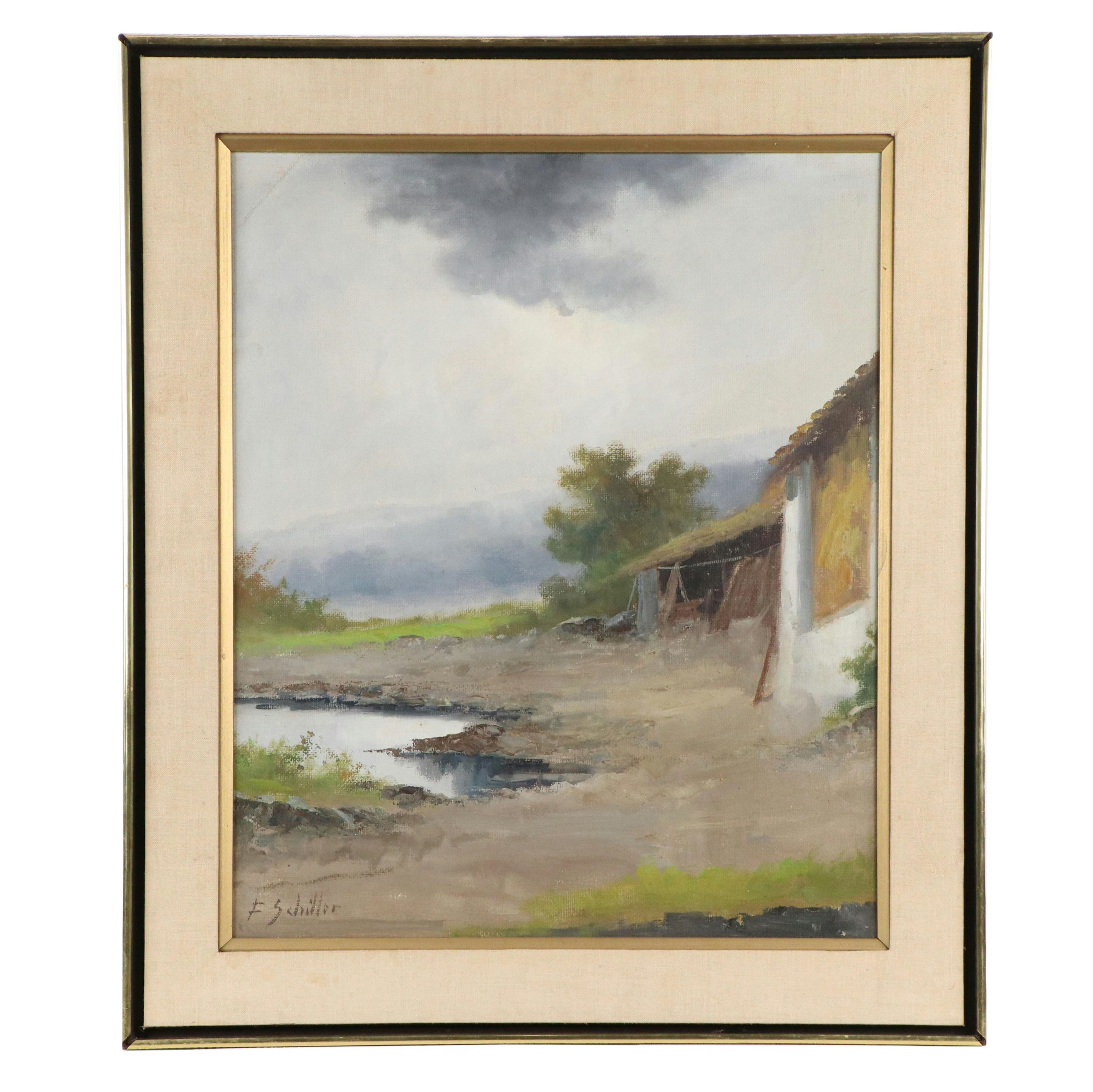 Francesco Schiller Oil Painting "Venetian Land," Mid-20th Century