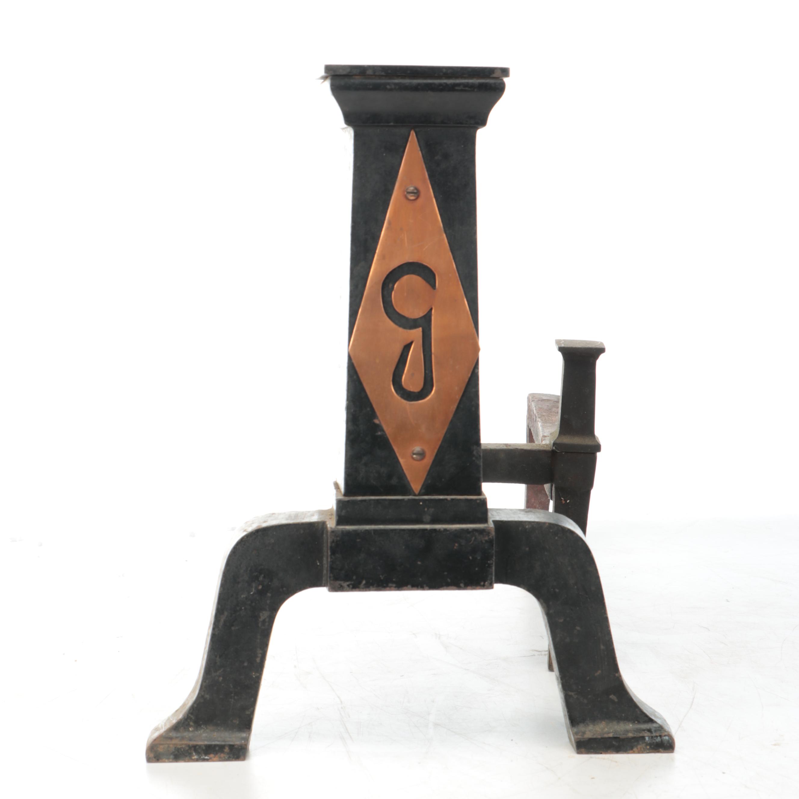 Arts and Crafts Style Copper Mounted Cast Iron Andirons