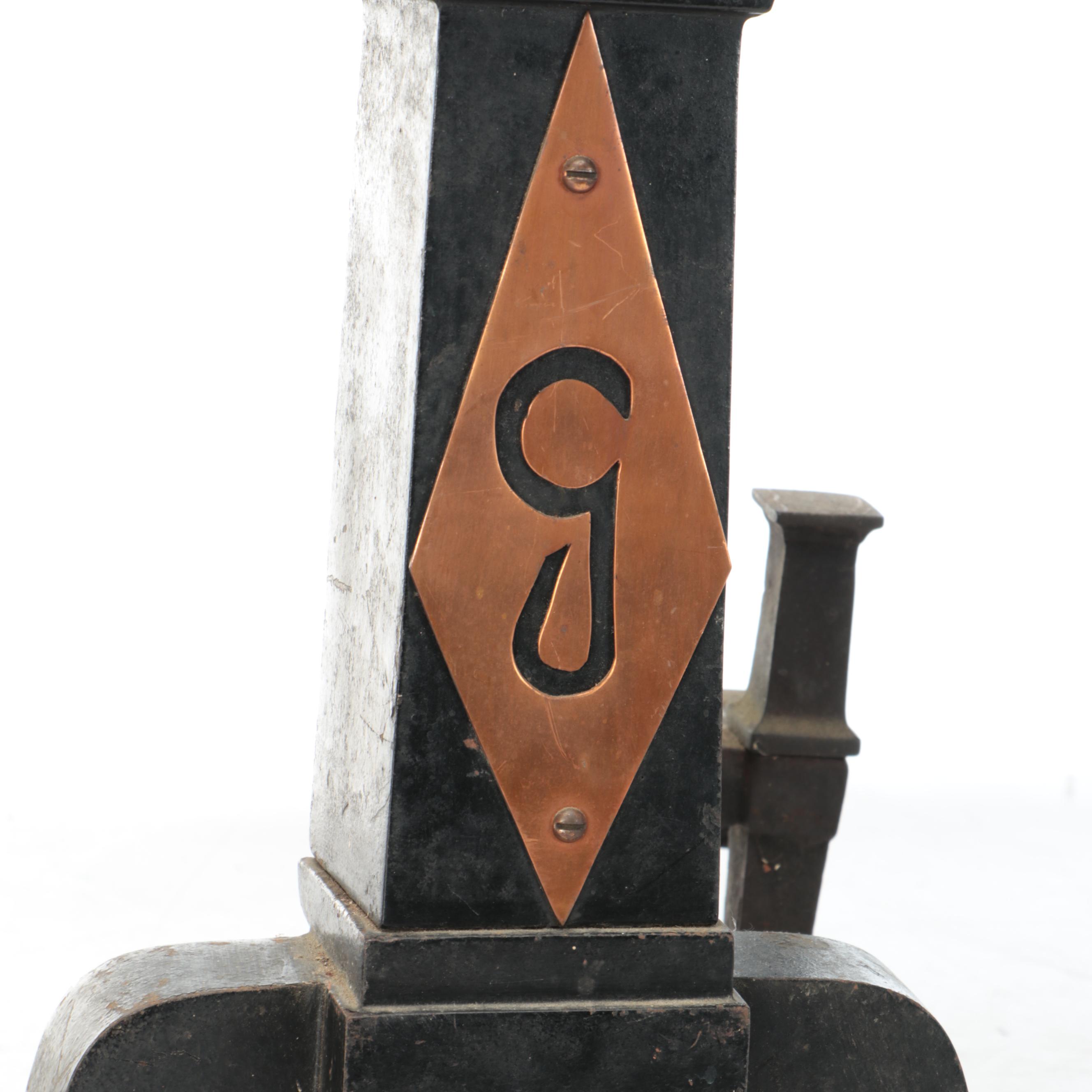 Arts and Crafts Style Copper Mounted Cast Iron Andirons