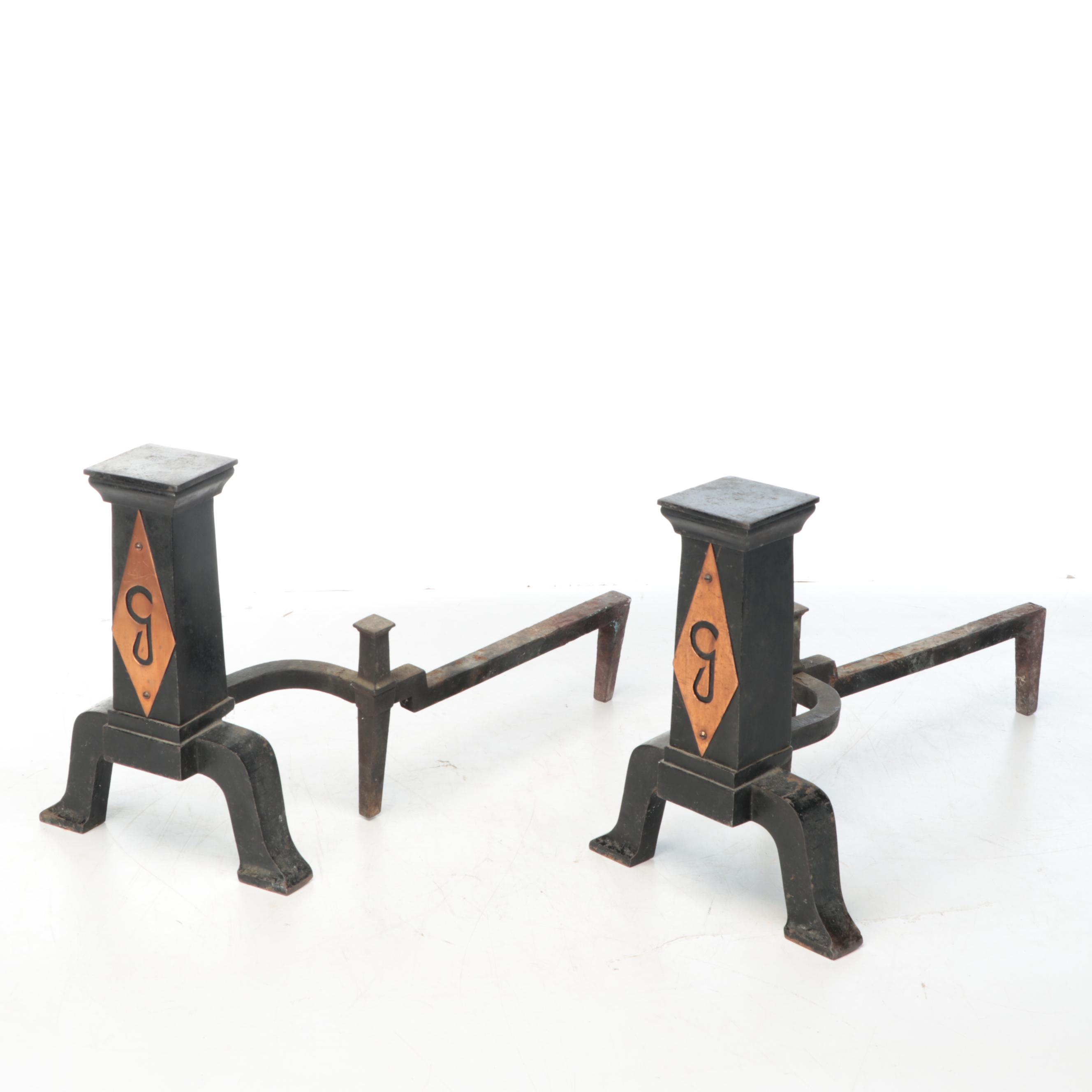 Arts and Crafts Style Copper Mounted Cast Iron Andirons