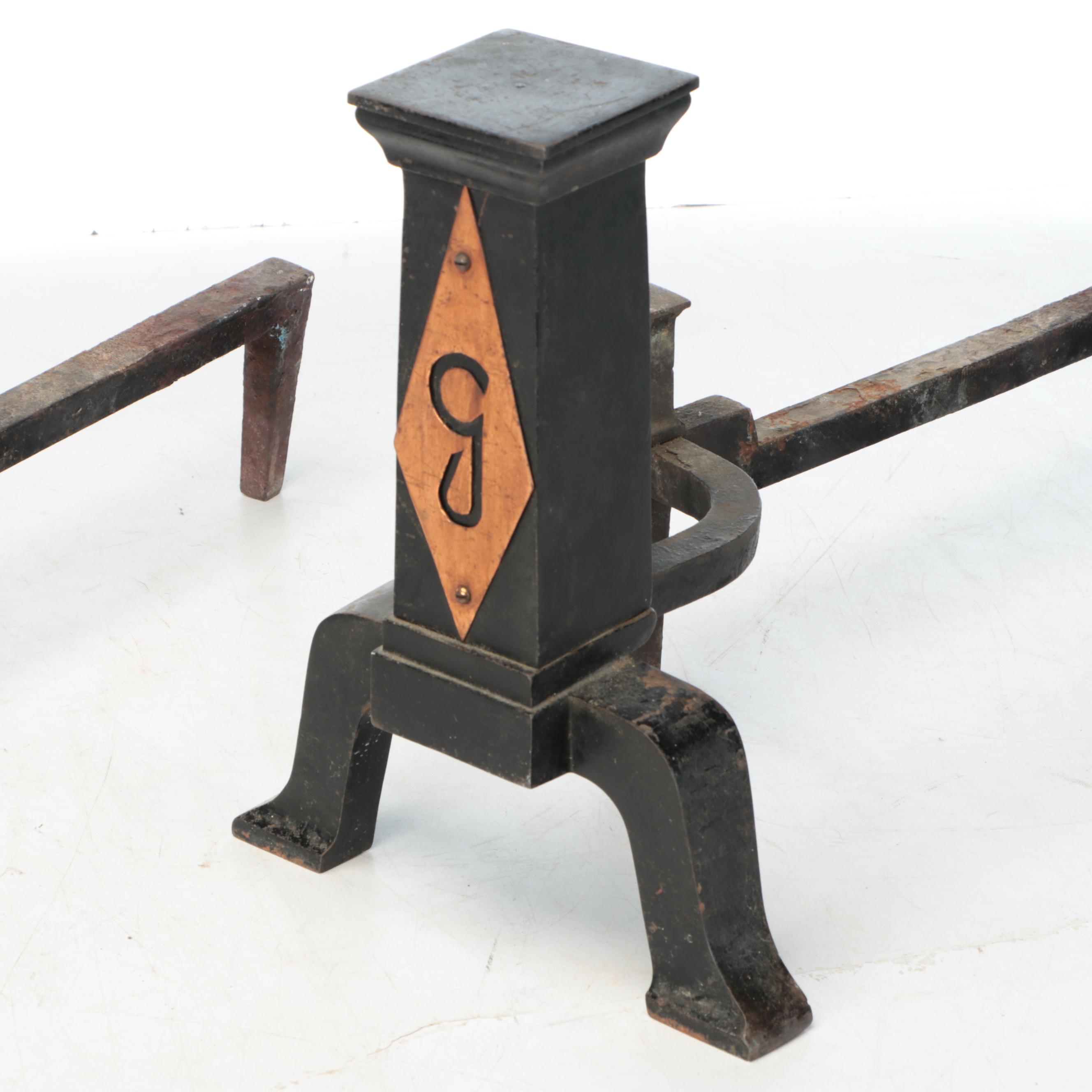 Arts and Crafts Style Copper Mounted Cast Iron Andirons