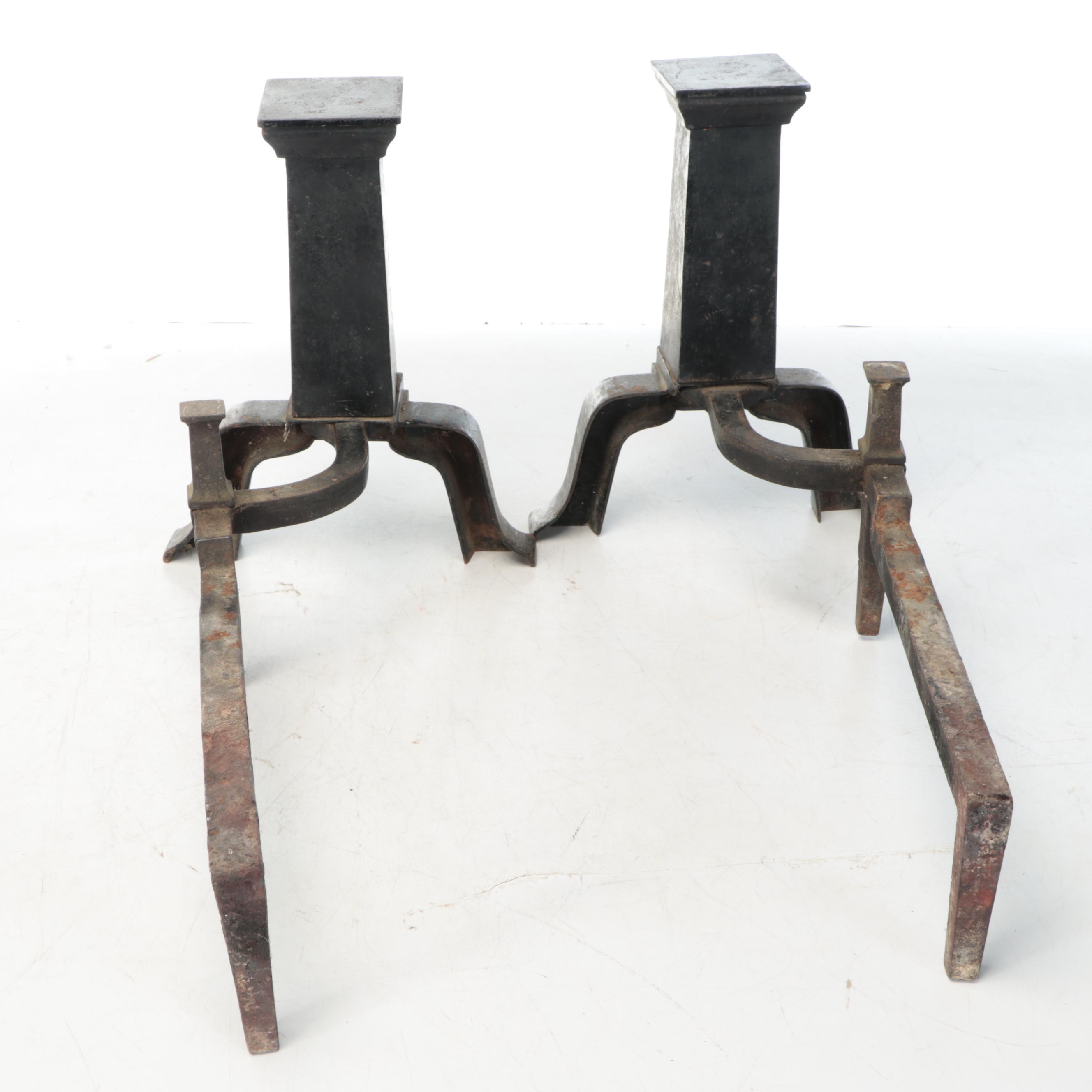 Arts and Crafts Style Copper Mounted Cast Iron Andirons