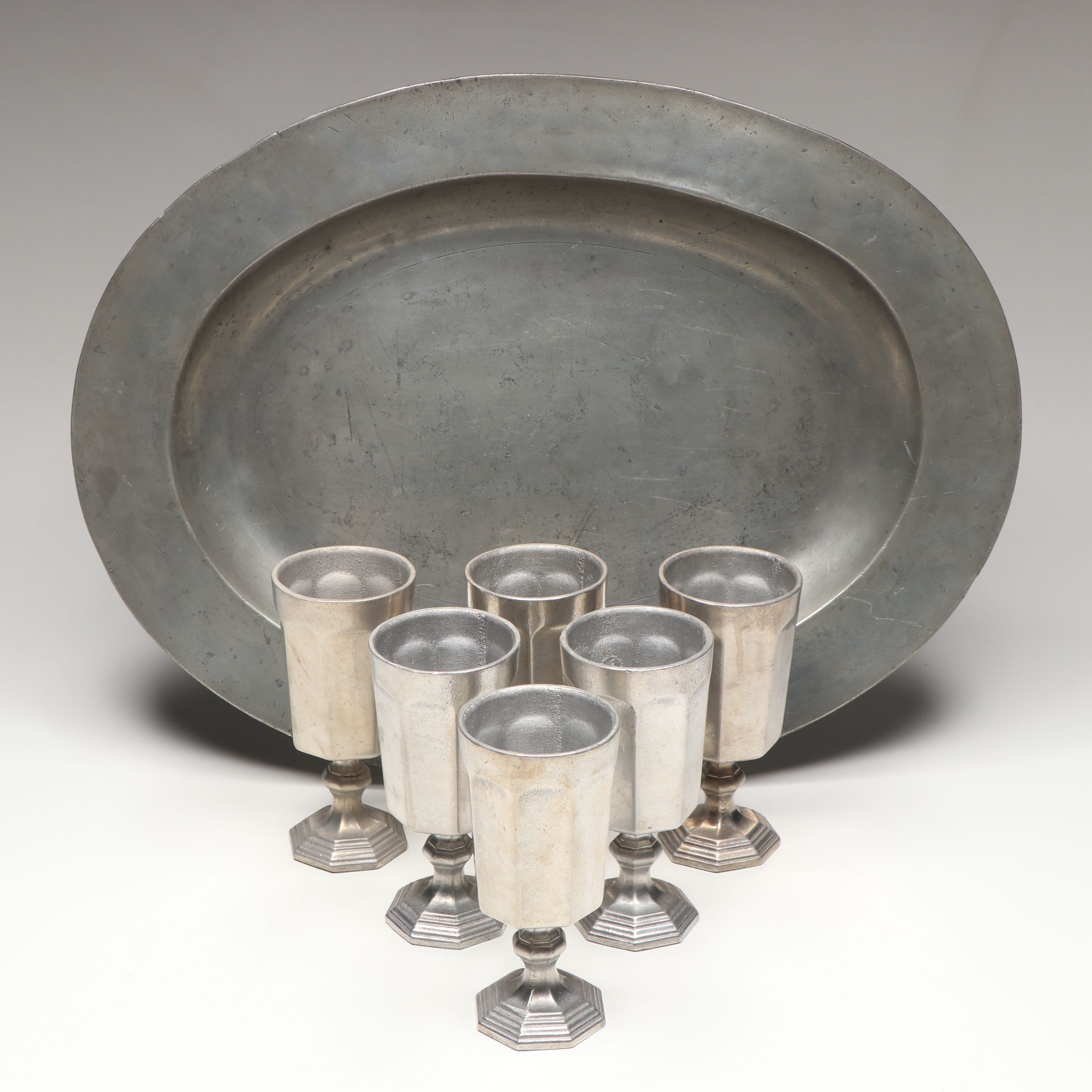 International Silver Colonial Style Pewter Goblets with Other Oval Platter