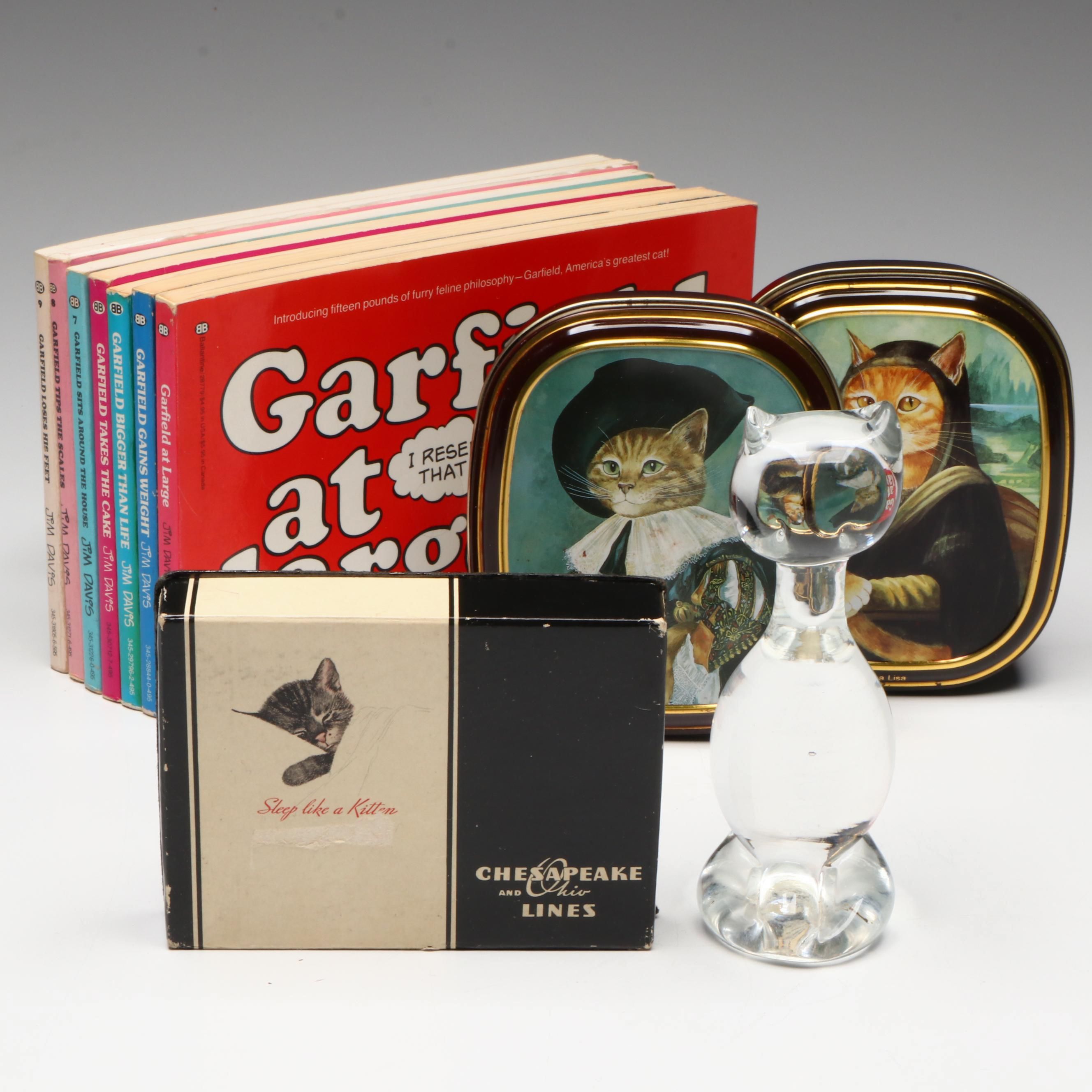 First Edition "Garfield at Large" with Viking Glass Cat, Tin and Cards
