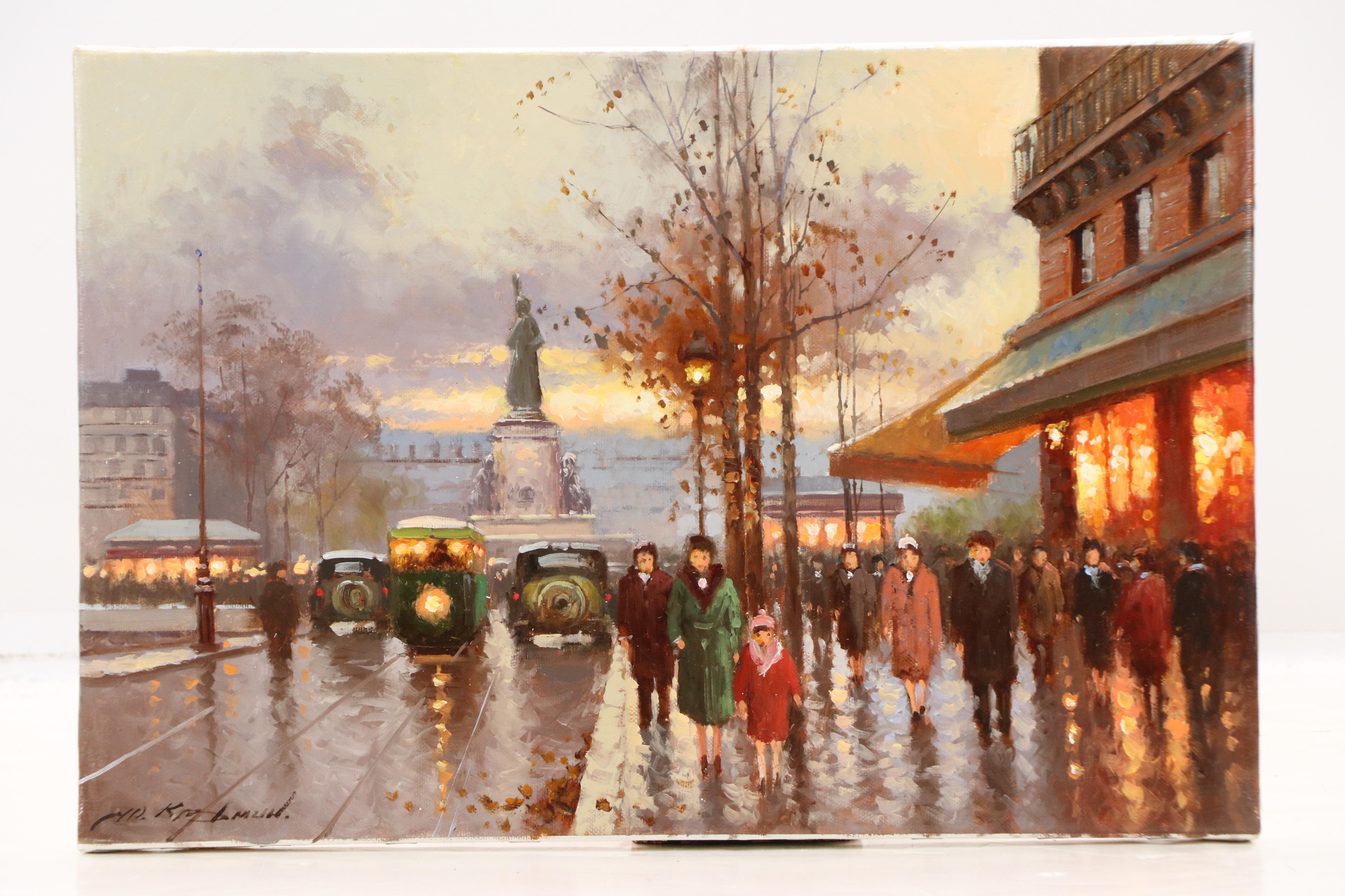 Yuri Kuzmin Oil Painting "Place de la Republique," Mid-20th Century