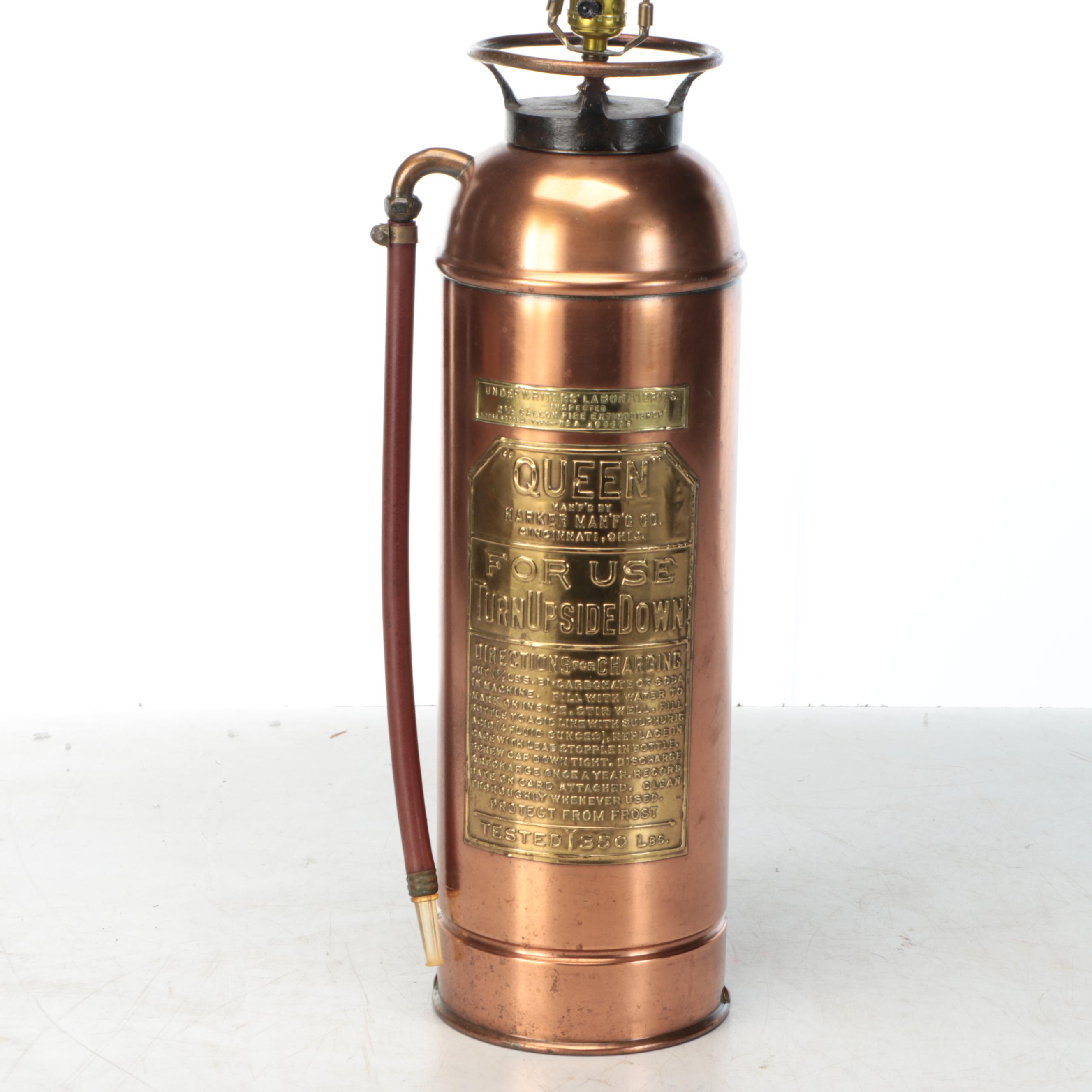 Harker Mfg. Co. "Queen" Copper and Brass Fire Extinguisher Adapted Into Lamp