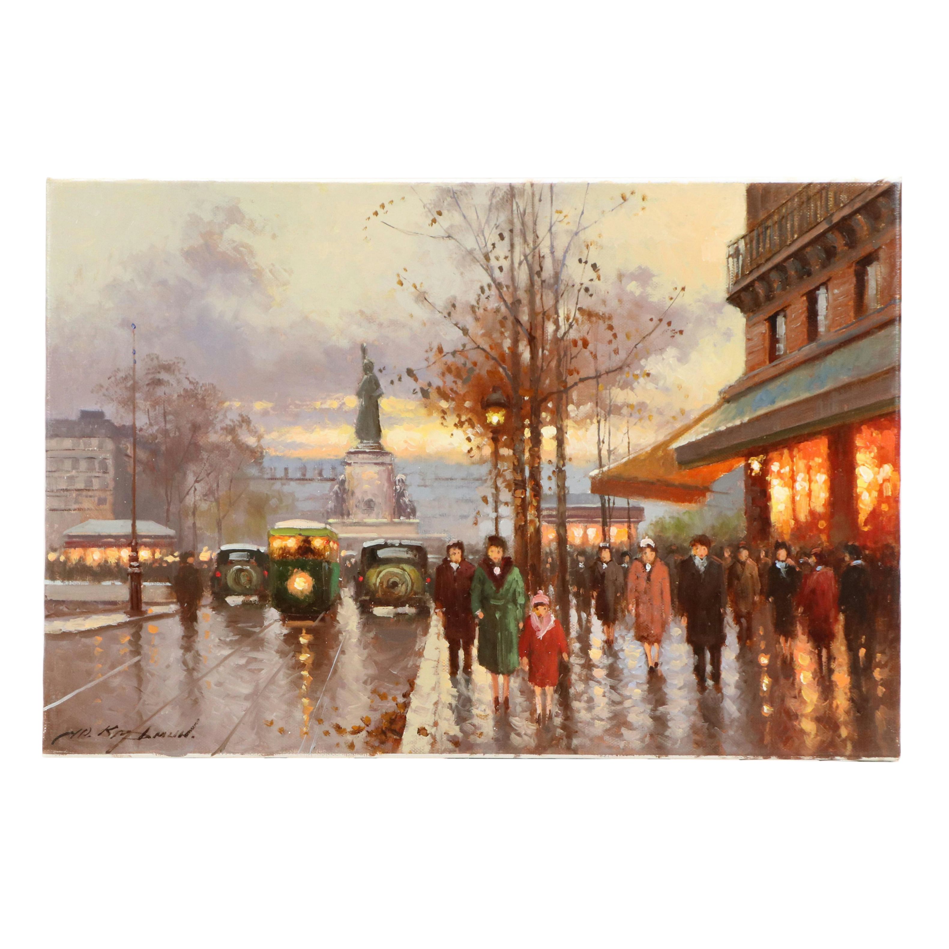 Yuri Kuzmin Oil Painting "Place de la Republique," Mid-20th Century
