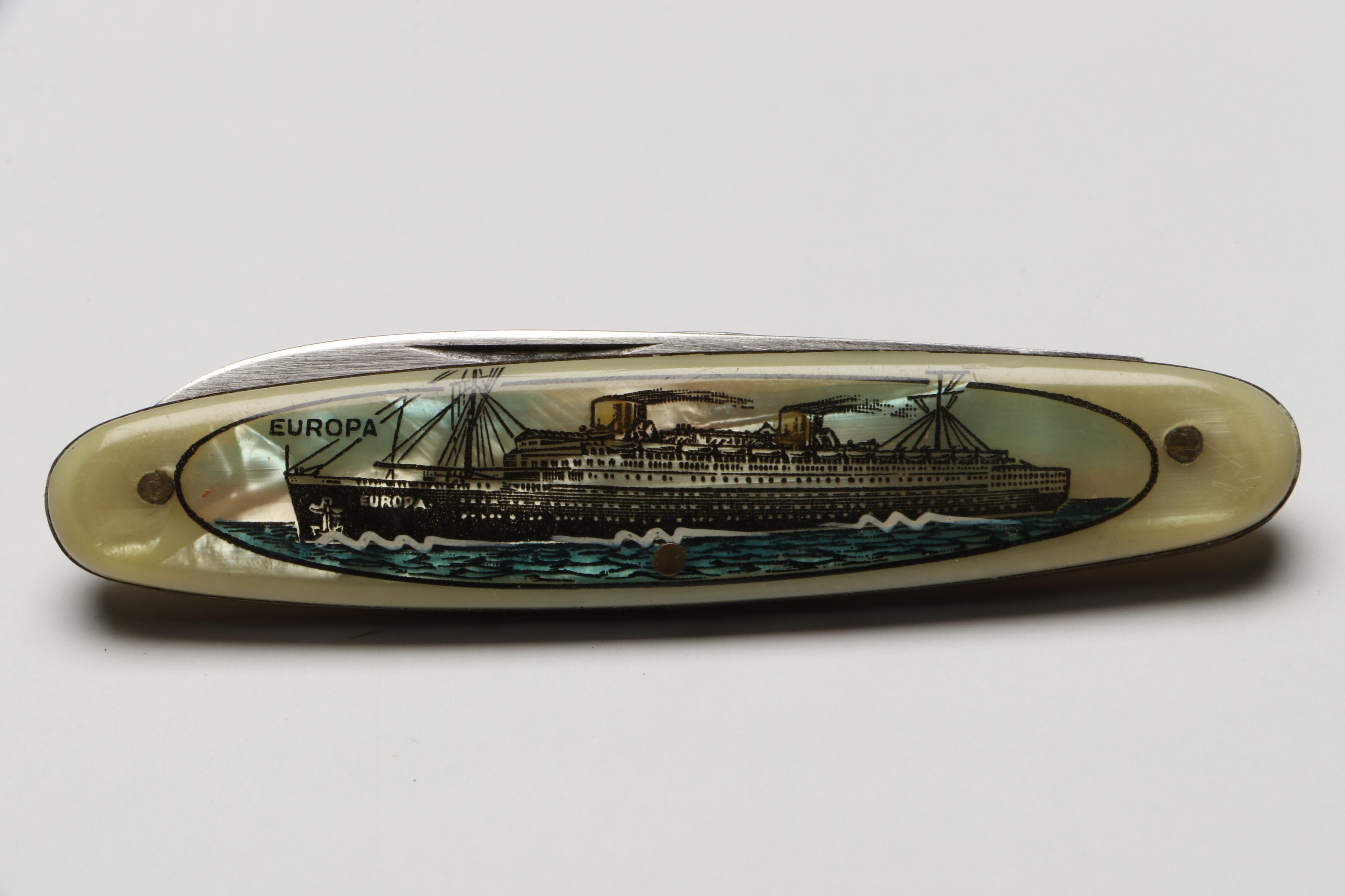 S.S. Europa Ashtray, Ribbon, Folding Knife and More Memorabilia, Early 20th C.