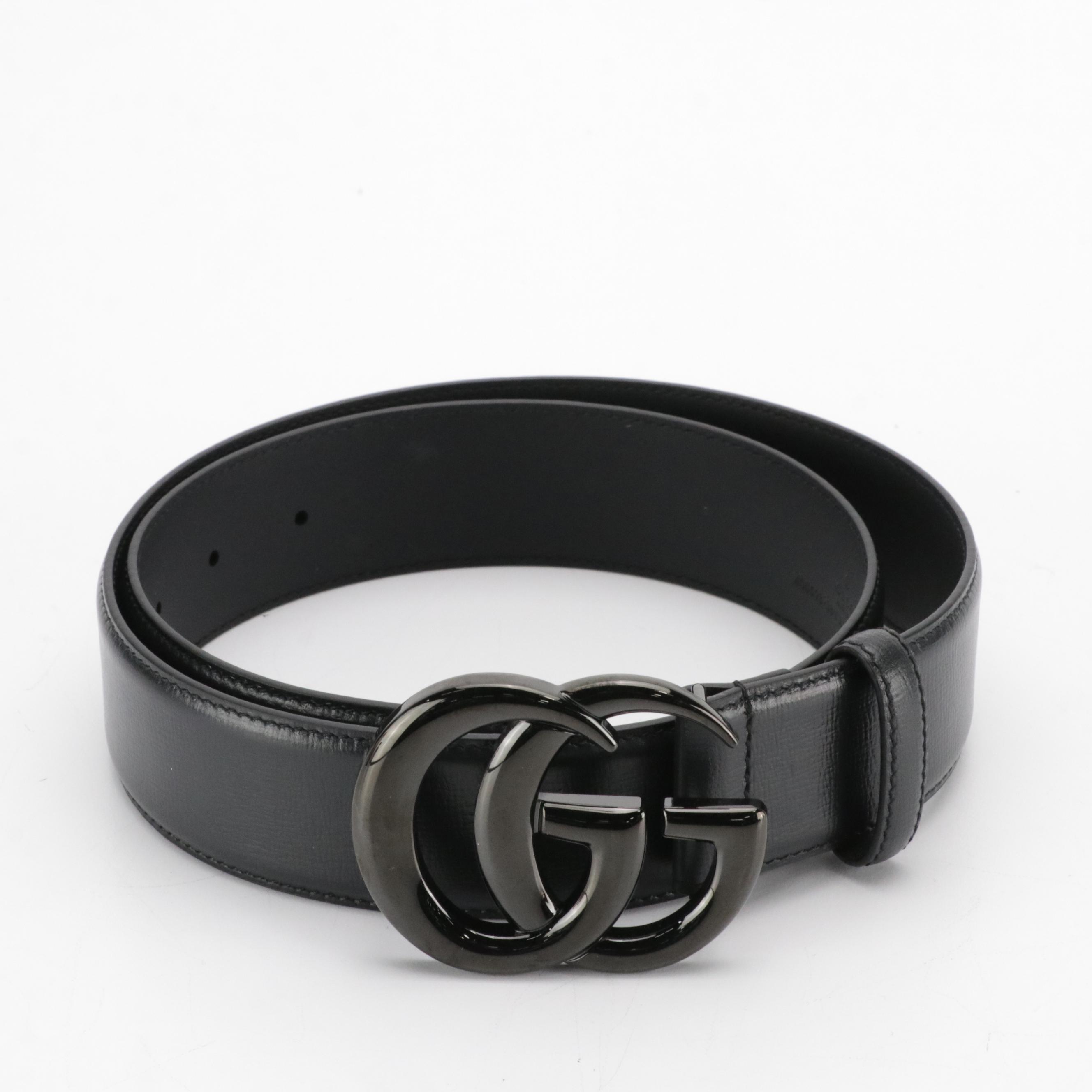 Gucci Black Ceramic Effect GG Marmont Wide Black Textured Leather Belt