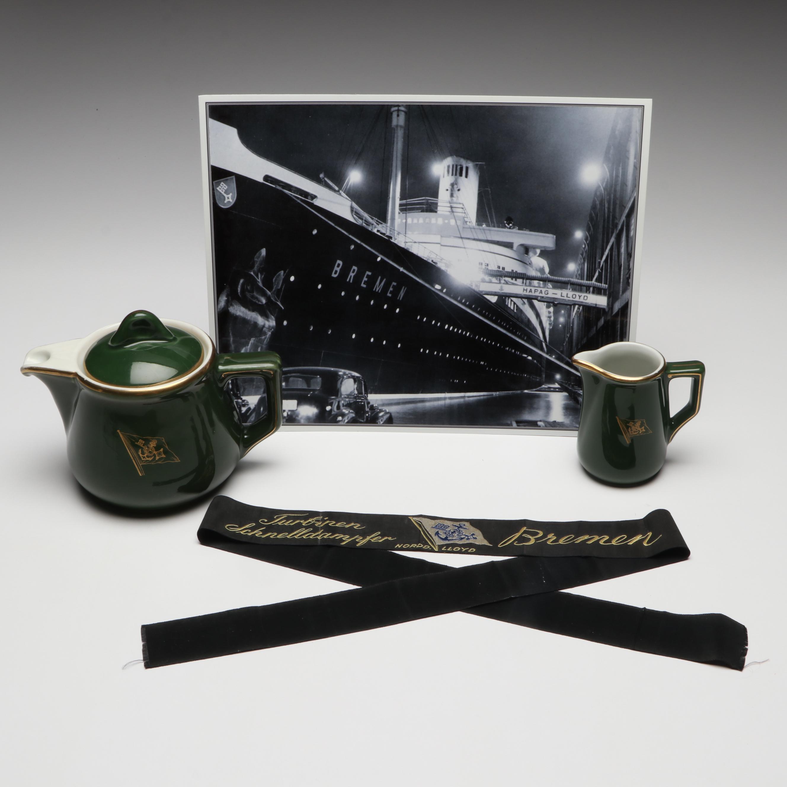 S.S. Bremen Teapot, Creamer, Ribbon and Photo Print