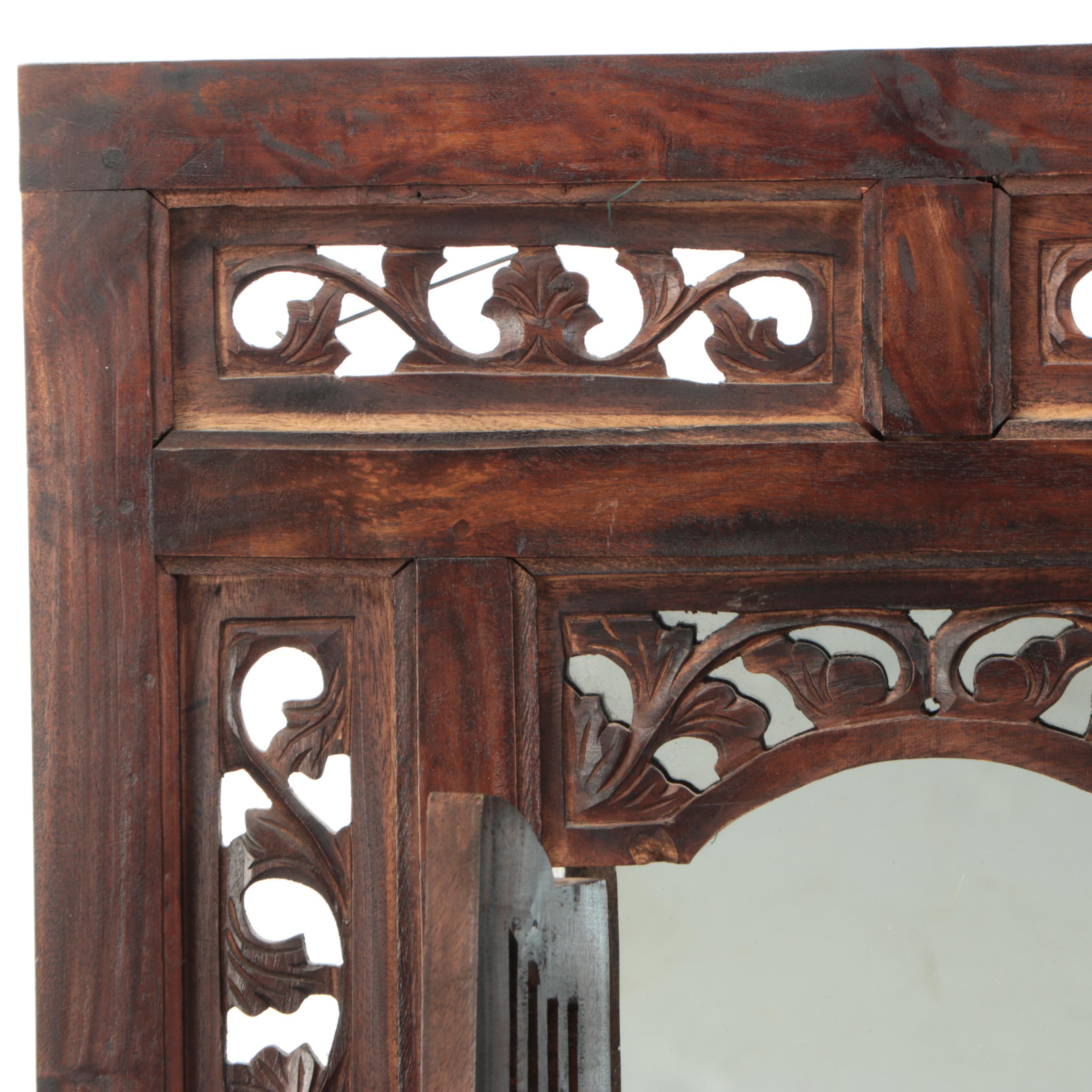 Indian Style Carved Wood Window Frame Wall Mirror