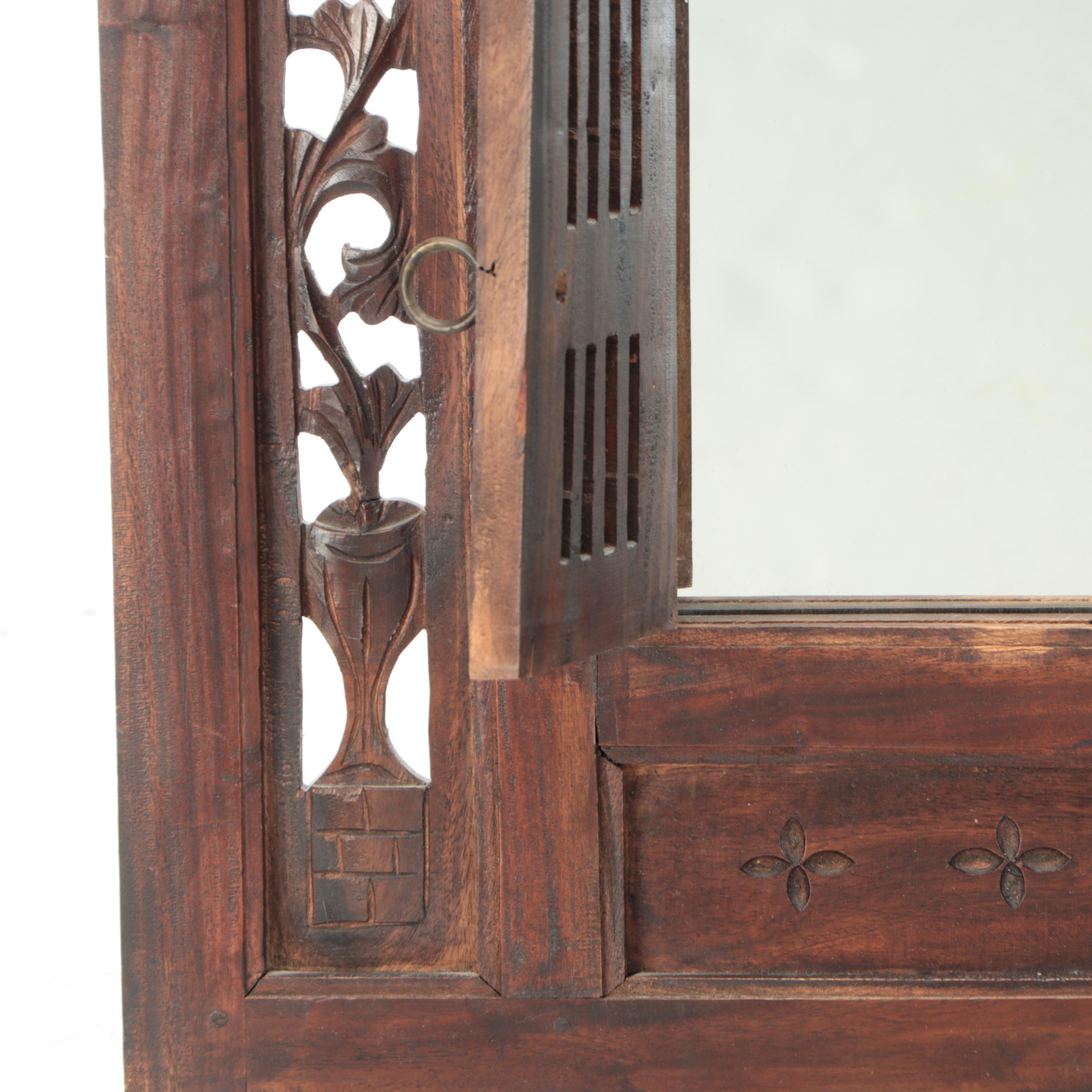 Indian Style Carved Wood Window Frame Wall Mirror