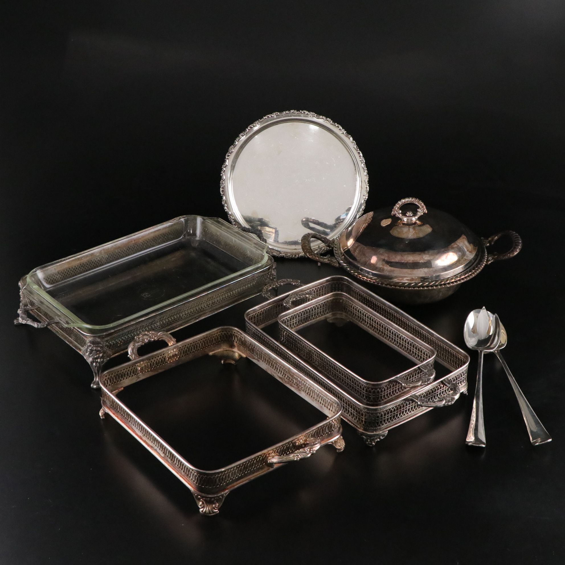 Silver Plate Casserole Carriers, Serving Bowls, and Salad Tongs