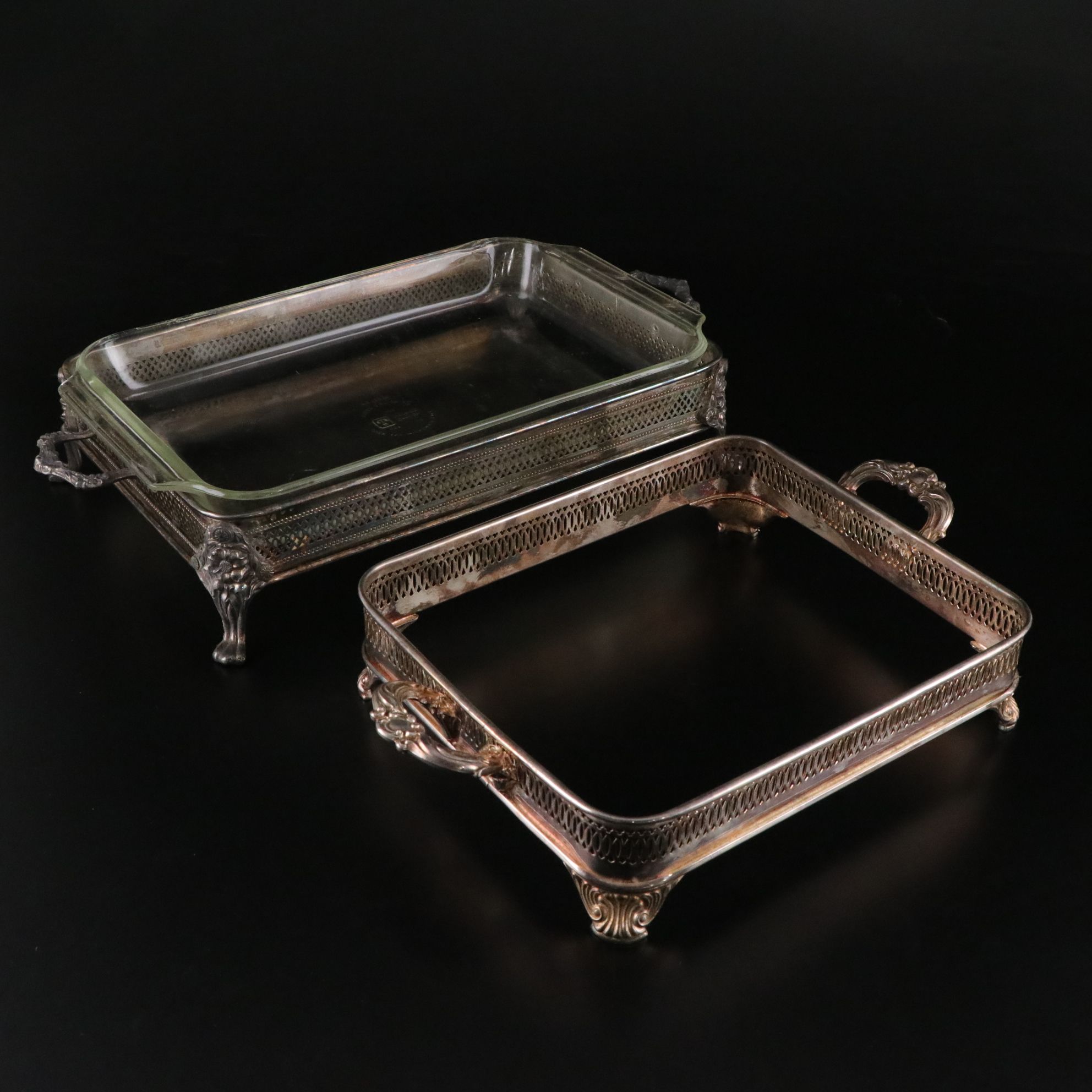 Silver Plate Casserole Carriers, Serving Bowls, and Salad Tongs