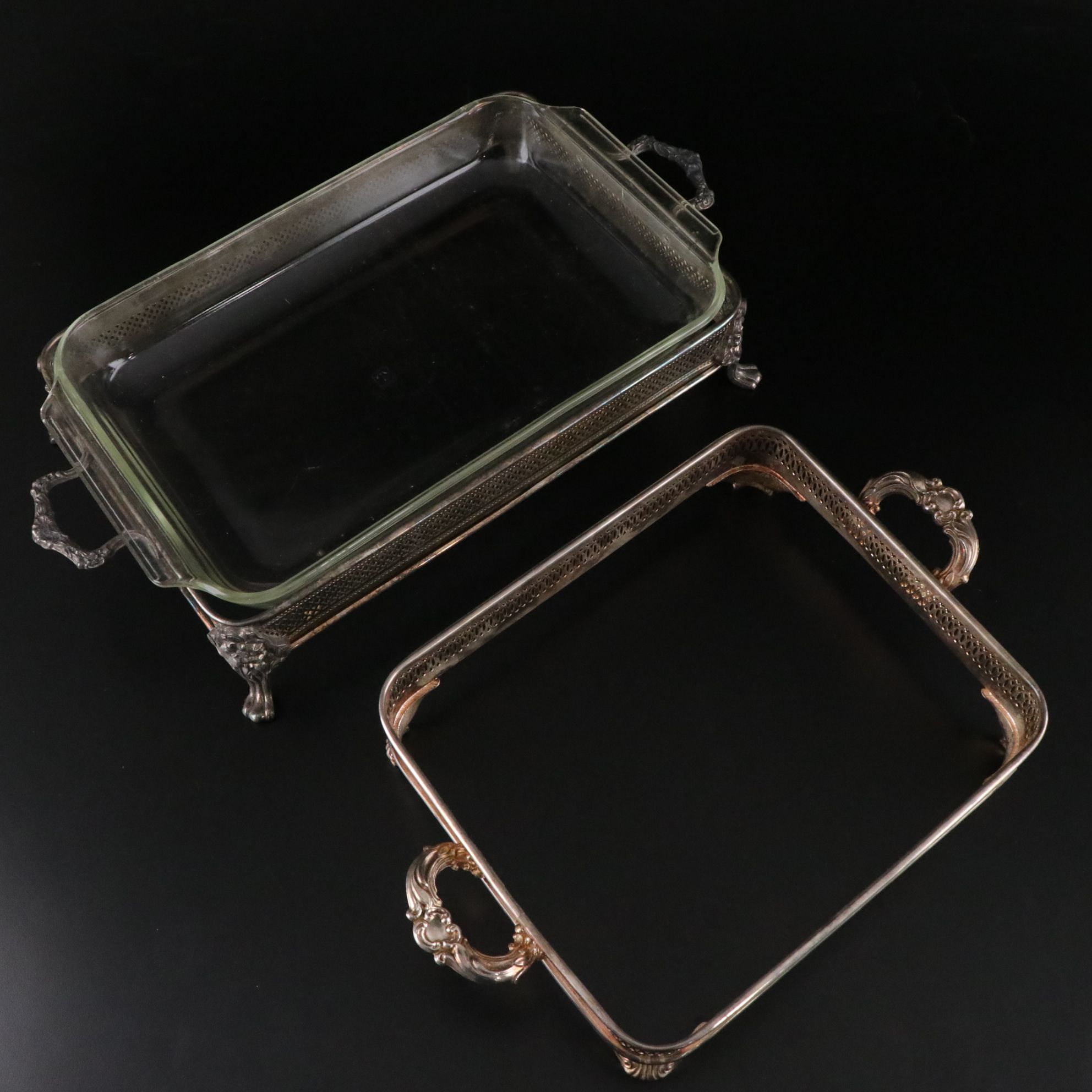 Silver Plate Casserole Carriers, Serving Bowls, and Salad Tongs