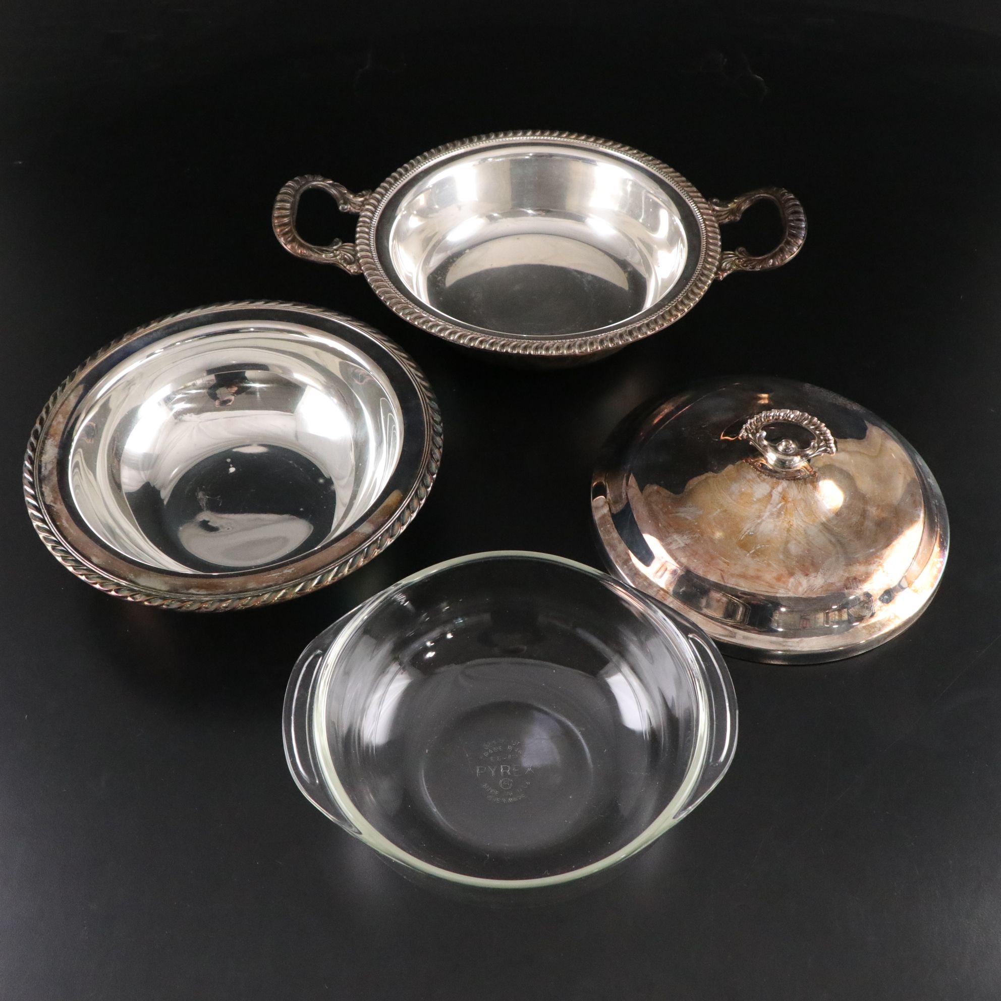 Silver Plate Casserole Carriers, Serving Bowls, and Salad Tongs