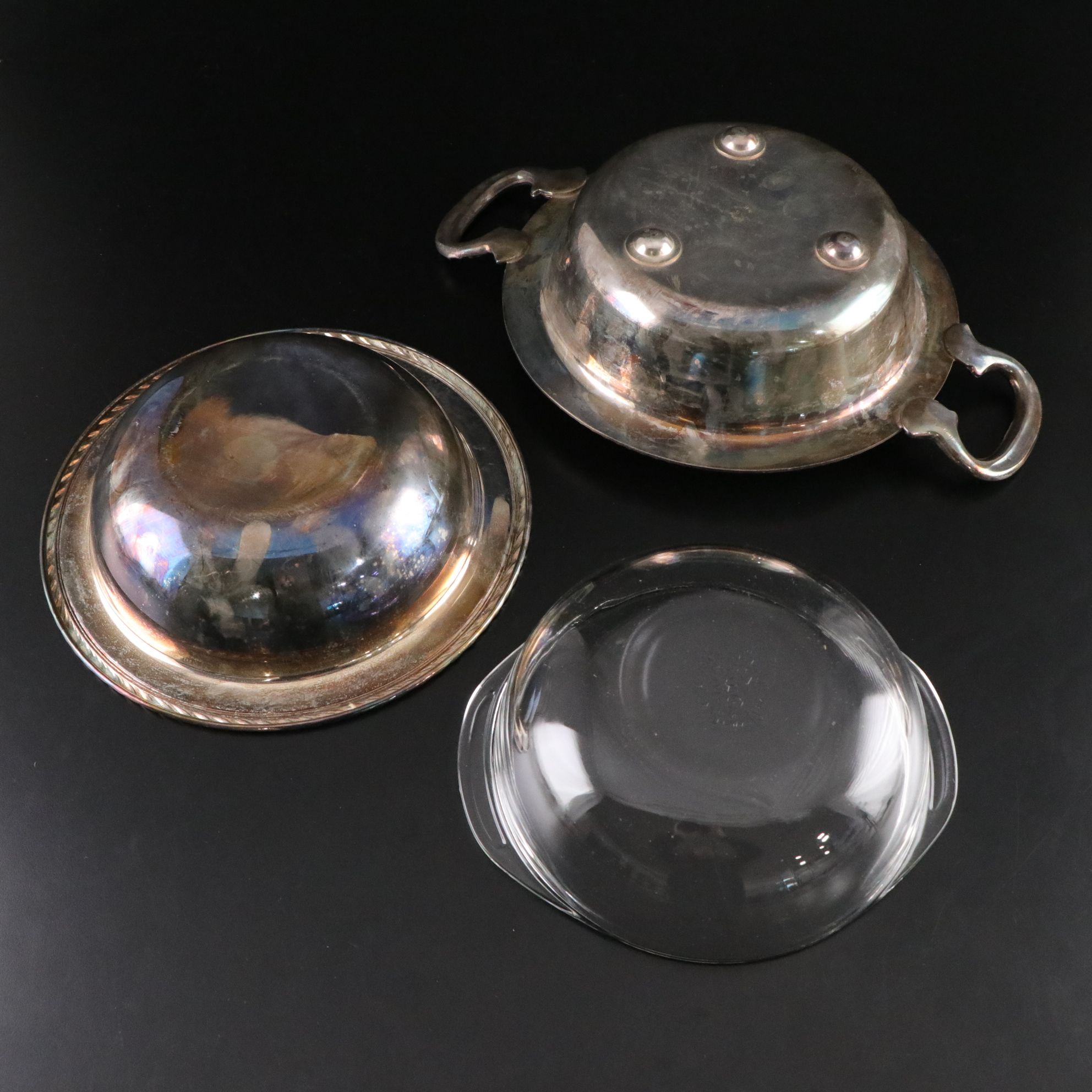 Silver Plate Casserole Carriers, Serving Bowls, and Salad Tongs
