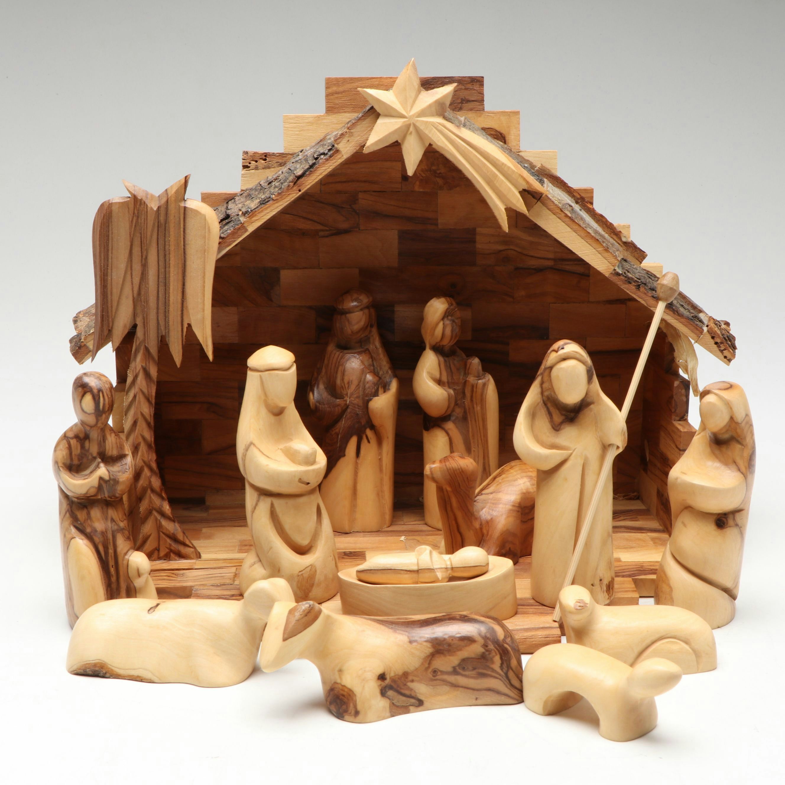 Handcrafted Olivewood and Bark Nativity Set