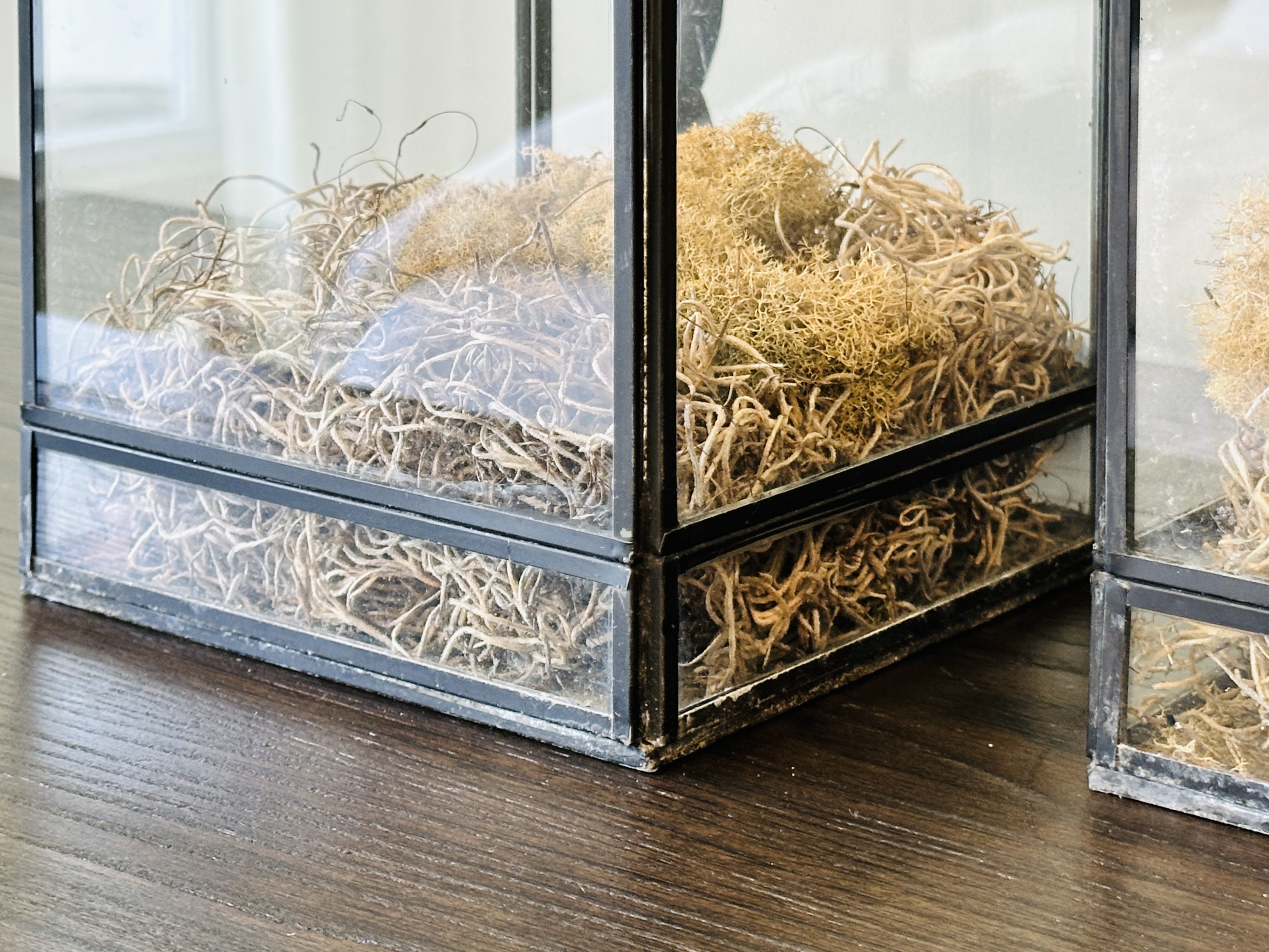 Wrought Iron Circle with Glass Candle Pillar Vases with Sea Sponge