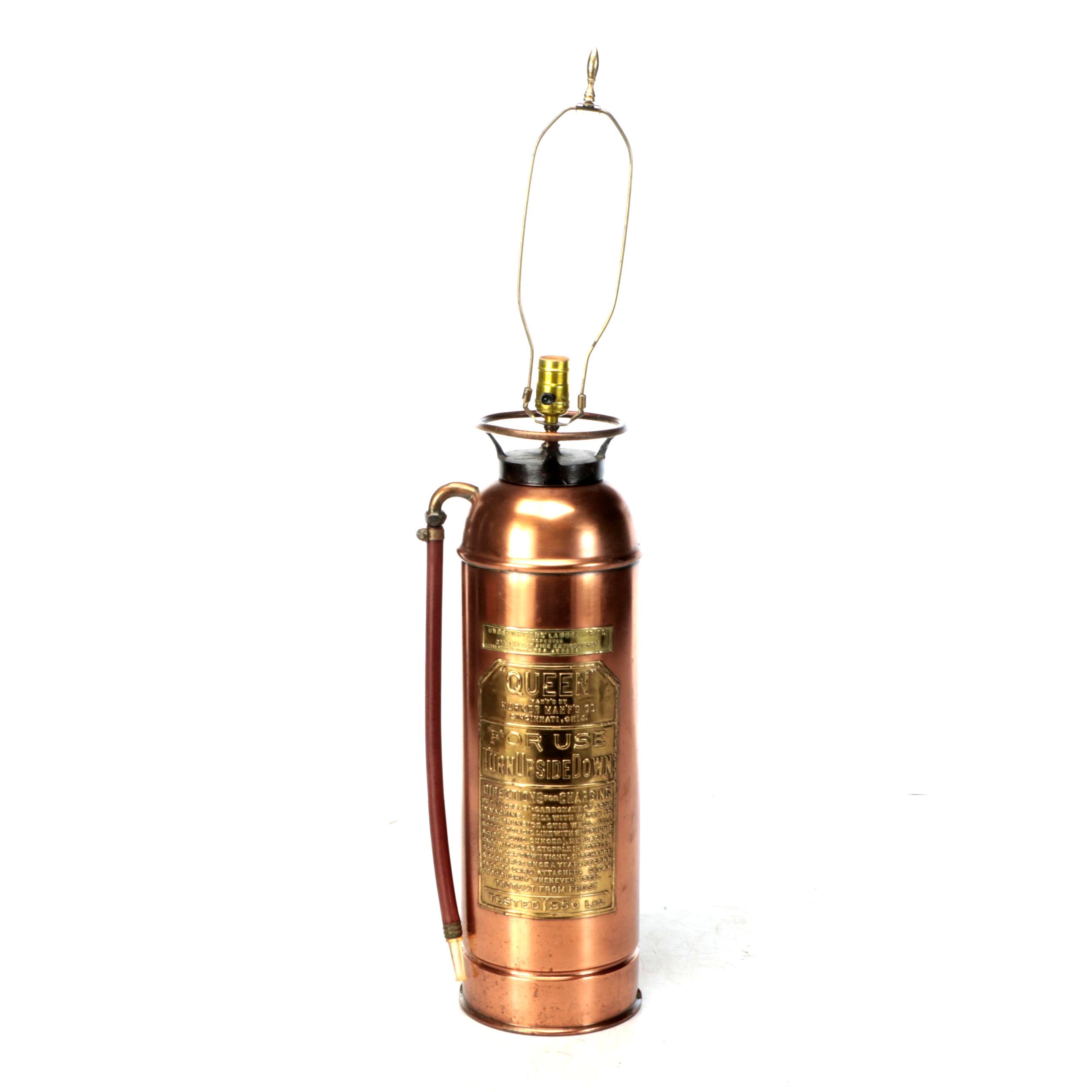 Harker Mfg. Co. "Queen" Copper and Brass Fire Extinguisher Adapted Into Lamp