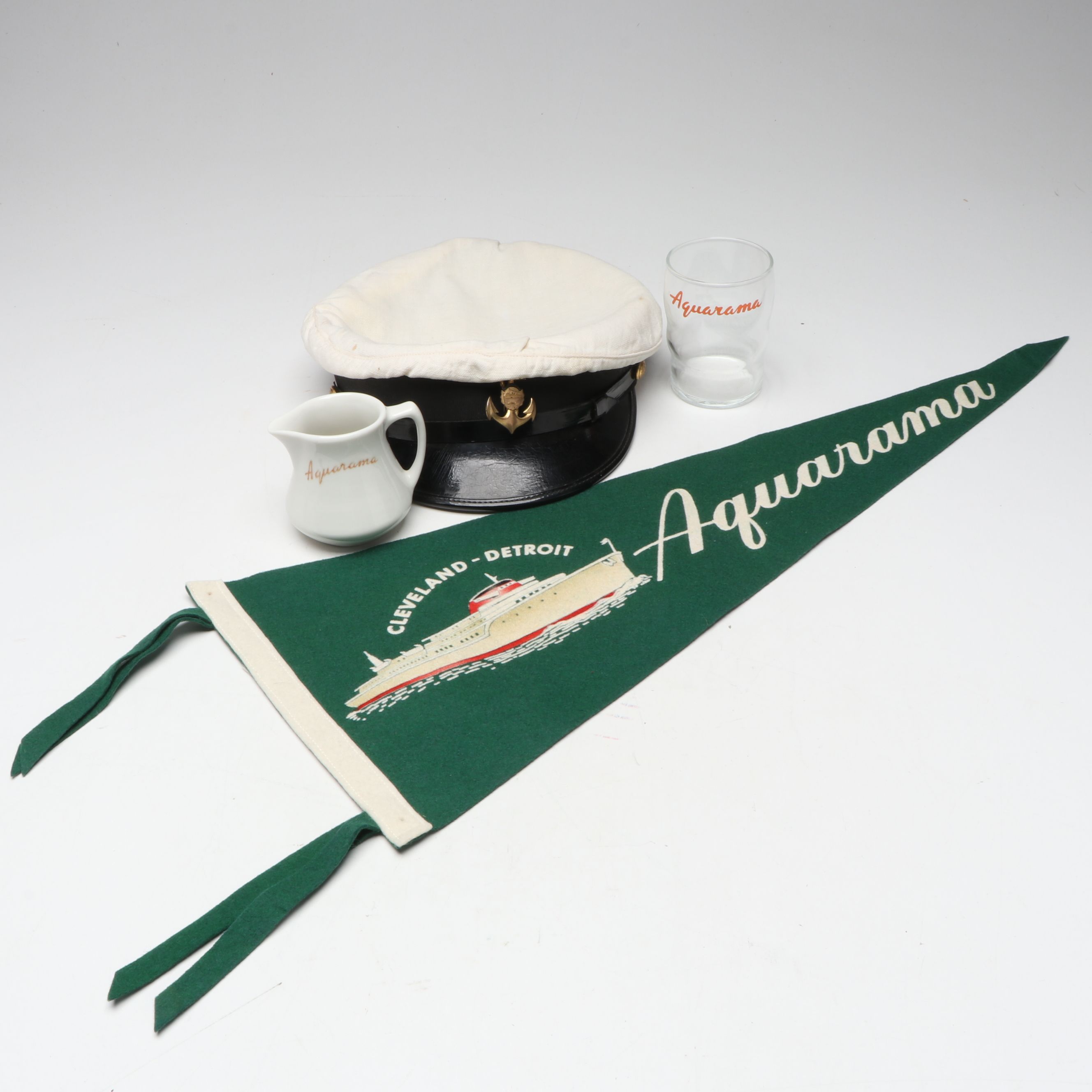 S.S. Aquarama Pennant, Creamer, Cup and Peaked Cap, Mid-20th Century